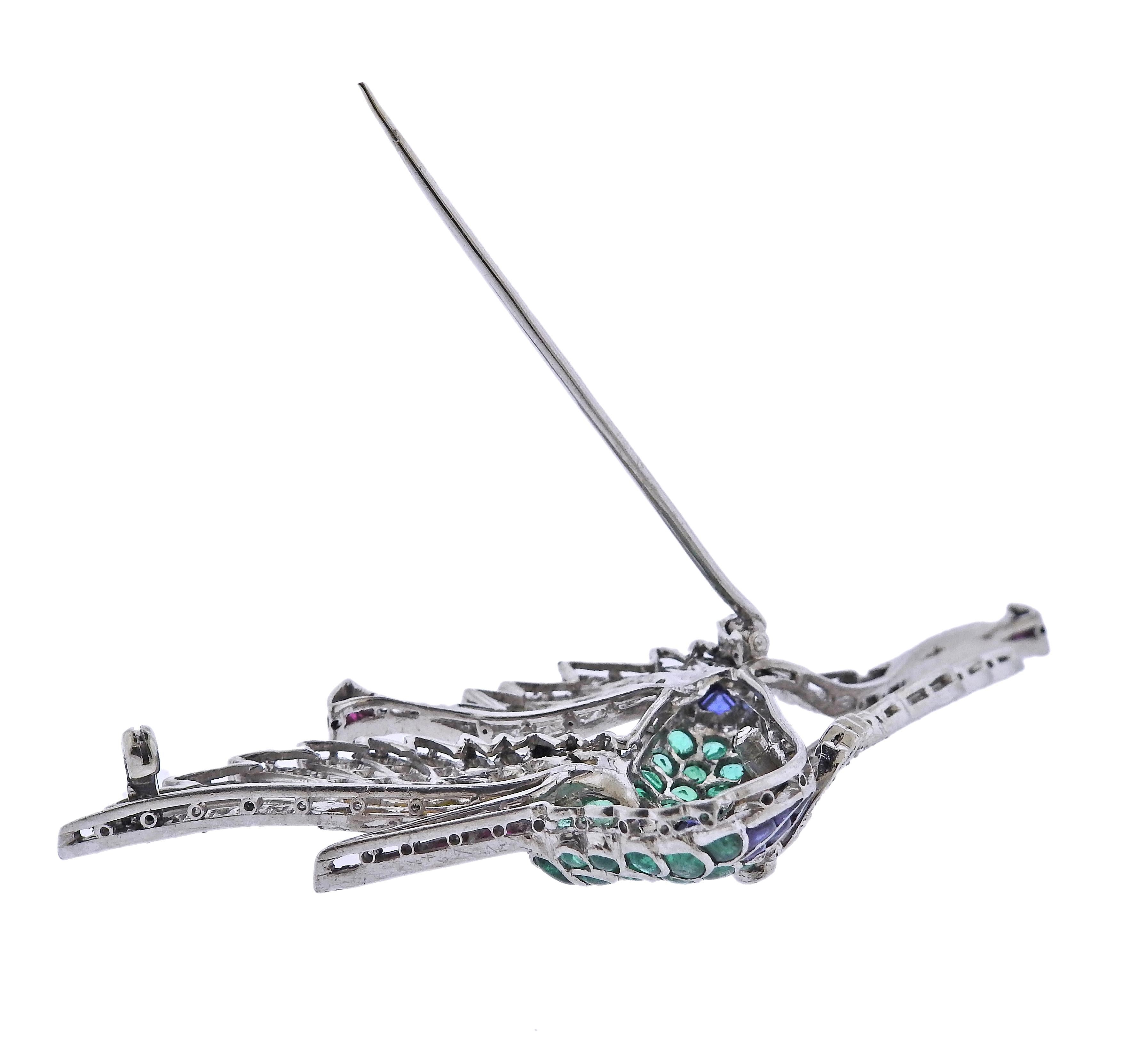 Antique Platinum Diamond Ruby Citrine Emerald Sapphire Bird Brooch In Excellent Condition In New York, NY