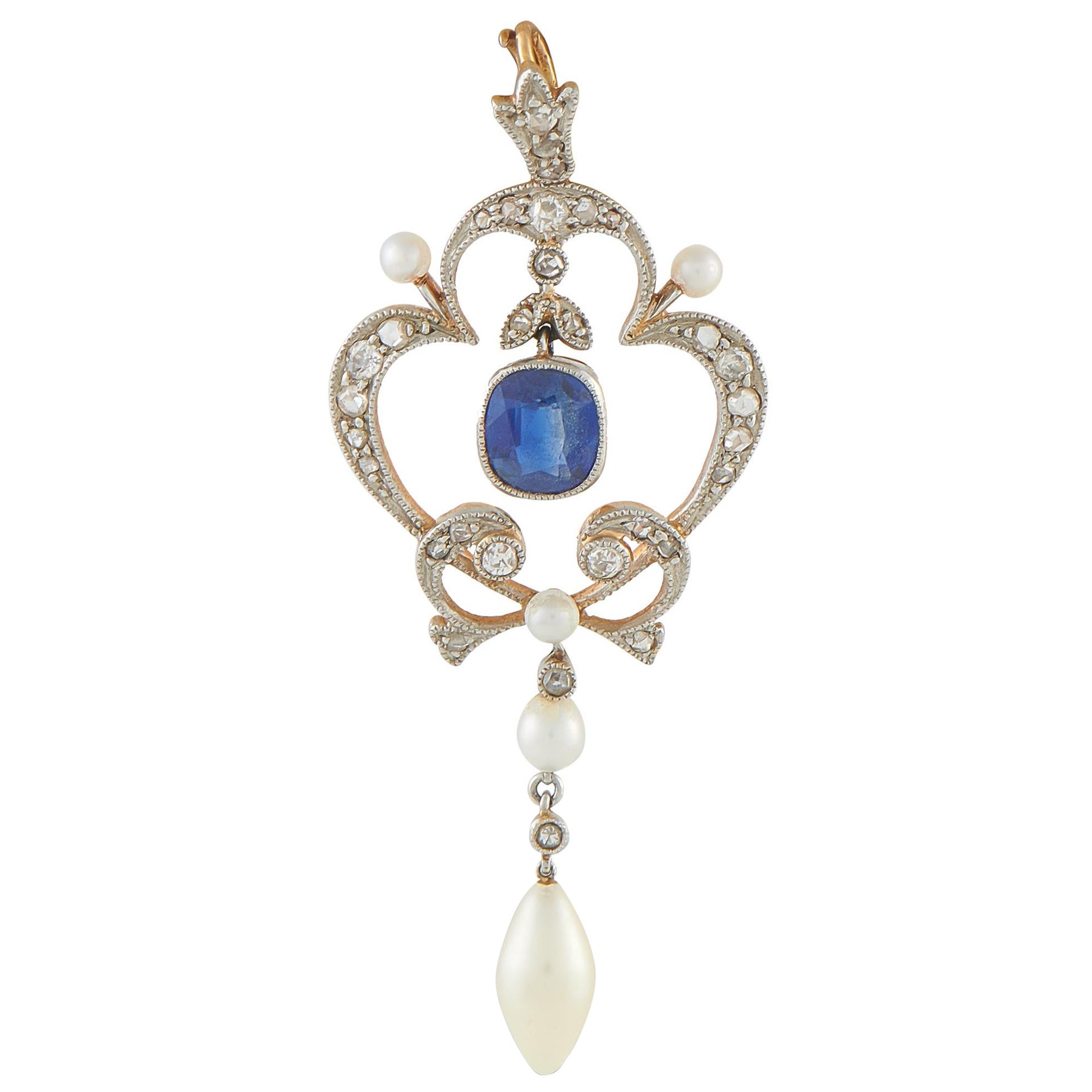 Ciondolo antico in platino con diamanti, zaffiri e perle #5323 in vendita