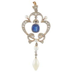 Ciondolo antico in platino con diamanti, zaffiri e perle #5323