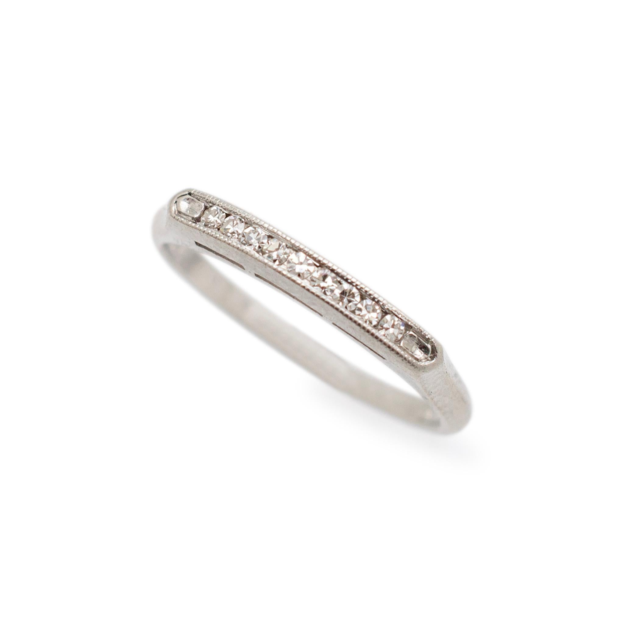 Gender: Ladies

Metal Type: 900 Platinum

Ring Size: 6

Width: 1.65 mm

Weight: 2.93 grams

Ladies 900 platinum, diamond antique wedding band with a half-round shank. Engraved with 