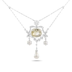 Antique Platinum Diamond, Yellow Sapphire, and 3 Pearls Pendant Necklace Antique Platinum Diamond, Yellow Sapphire, and 3 Pearls Pendant Necklace