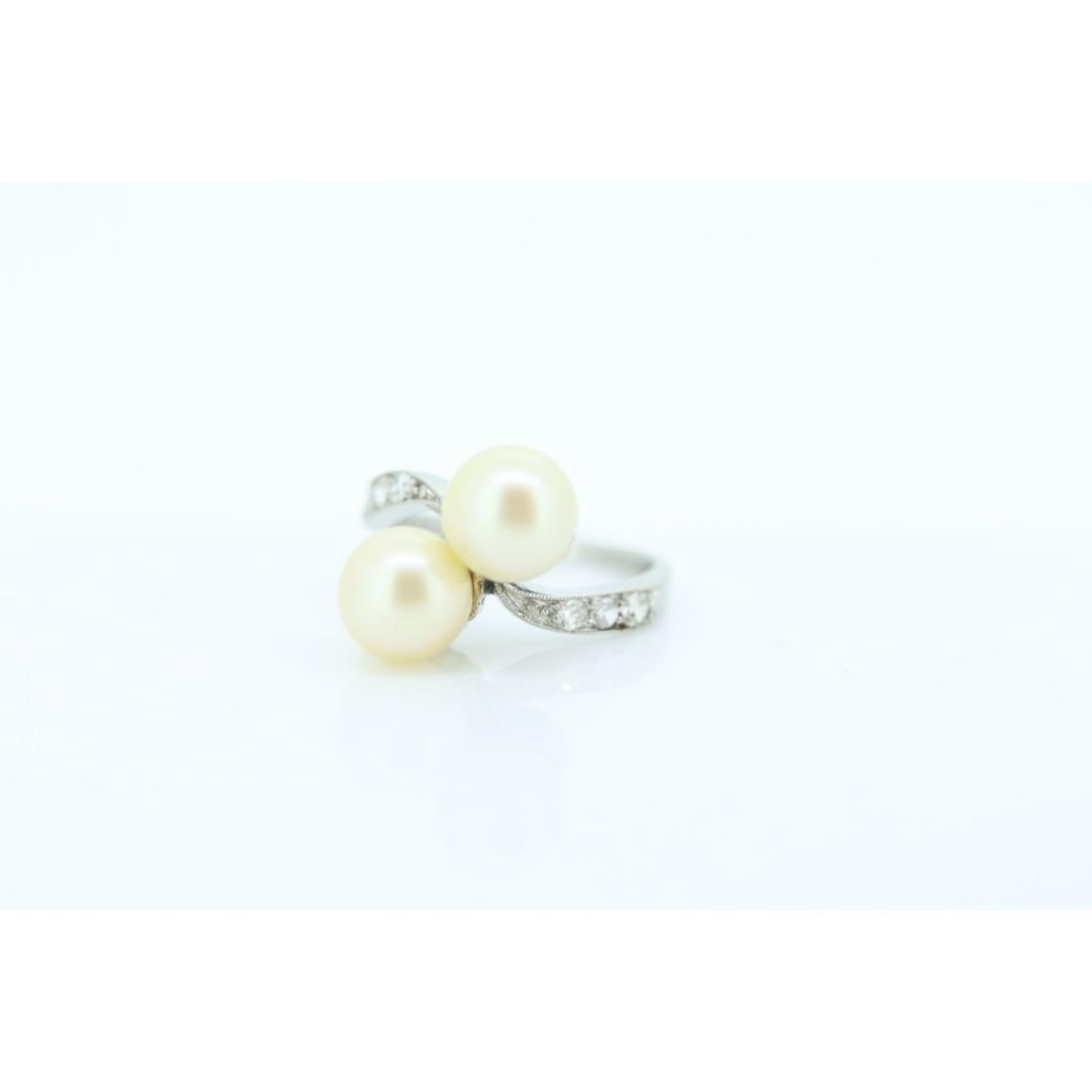 Antiker Platin-Diamantring mit doppelter Perle. Bypass-Ring mit zwei Akoya-Perlen und Bypass-Ring. im Angebot 4