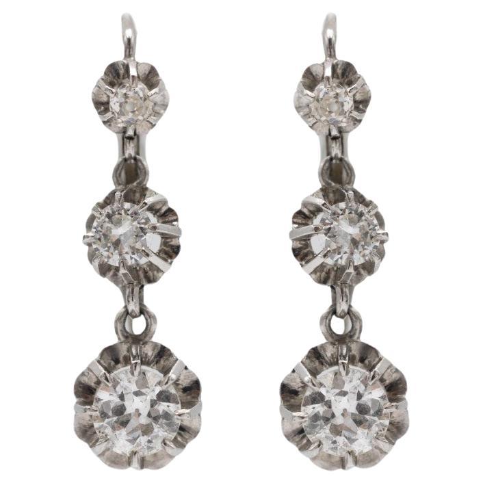 Antique platinum earrings with diamonds 1.85ct, France, early 20th century. For Sale