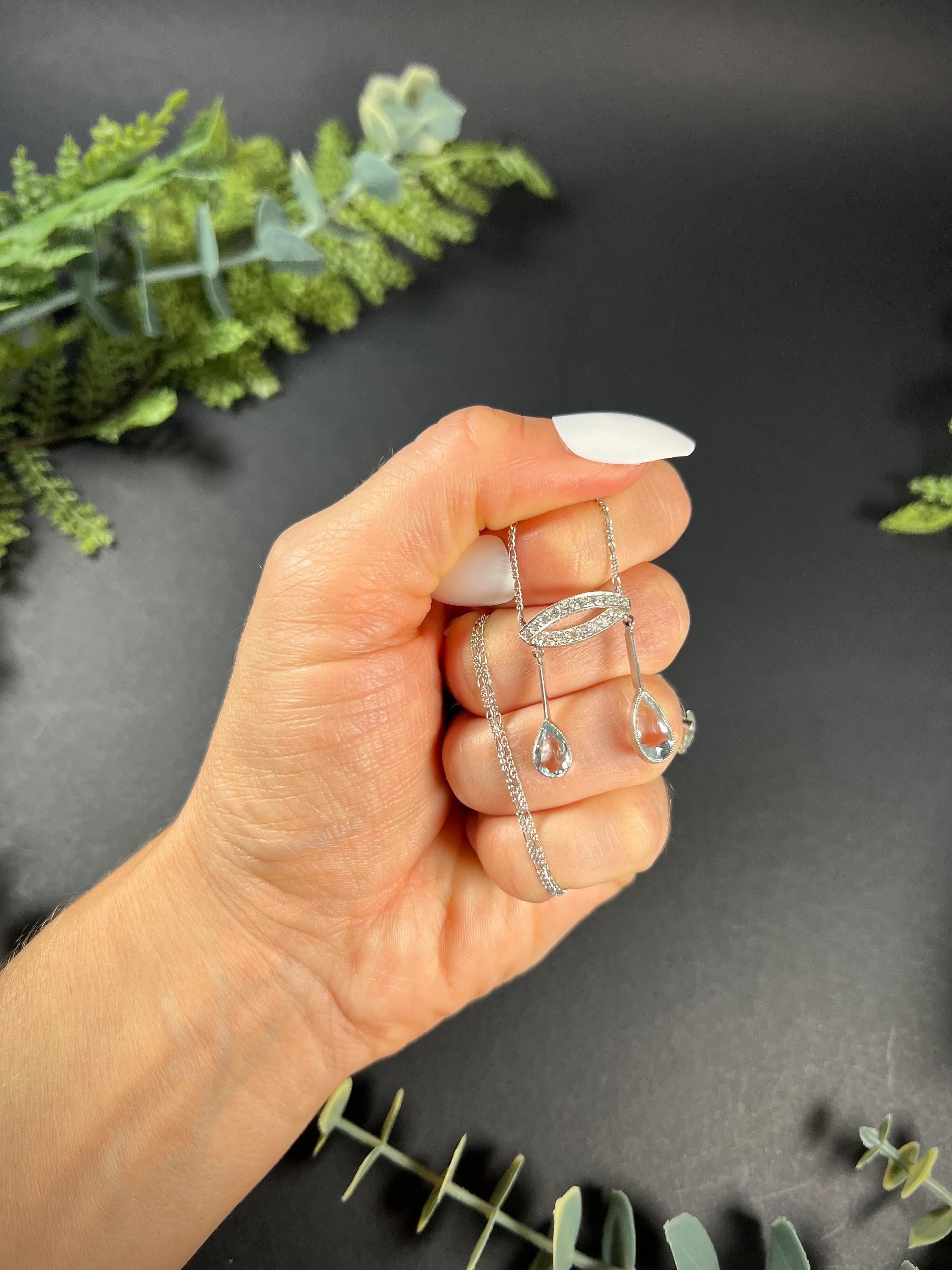 Antique Platinum, Edwardian Aquamarine & Diamond Lavalier Pendant Necklace For Sale 3