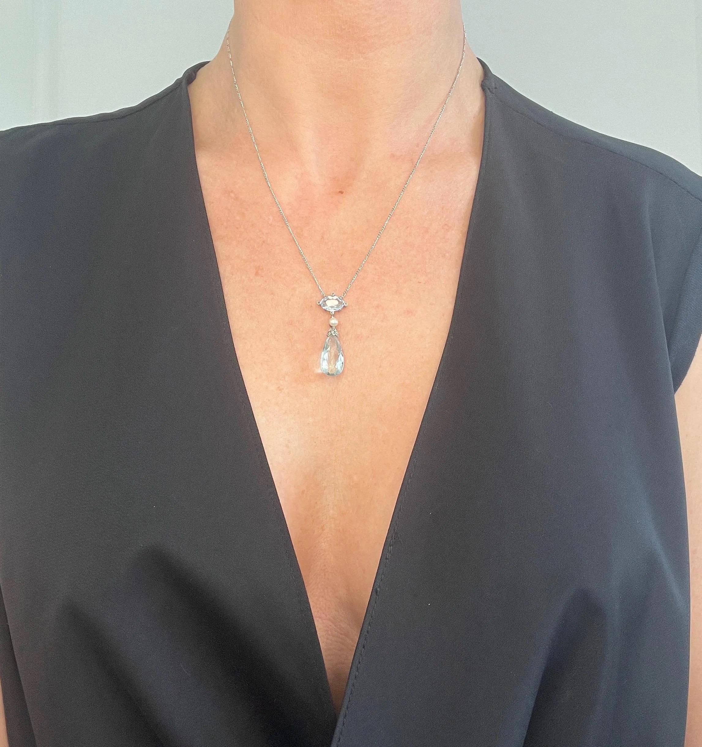 Collar Colgante Lágrima Antiguo Edwardiano de Platino Aguamarina, Diamantes y Perlas Eduardiano en venta