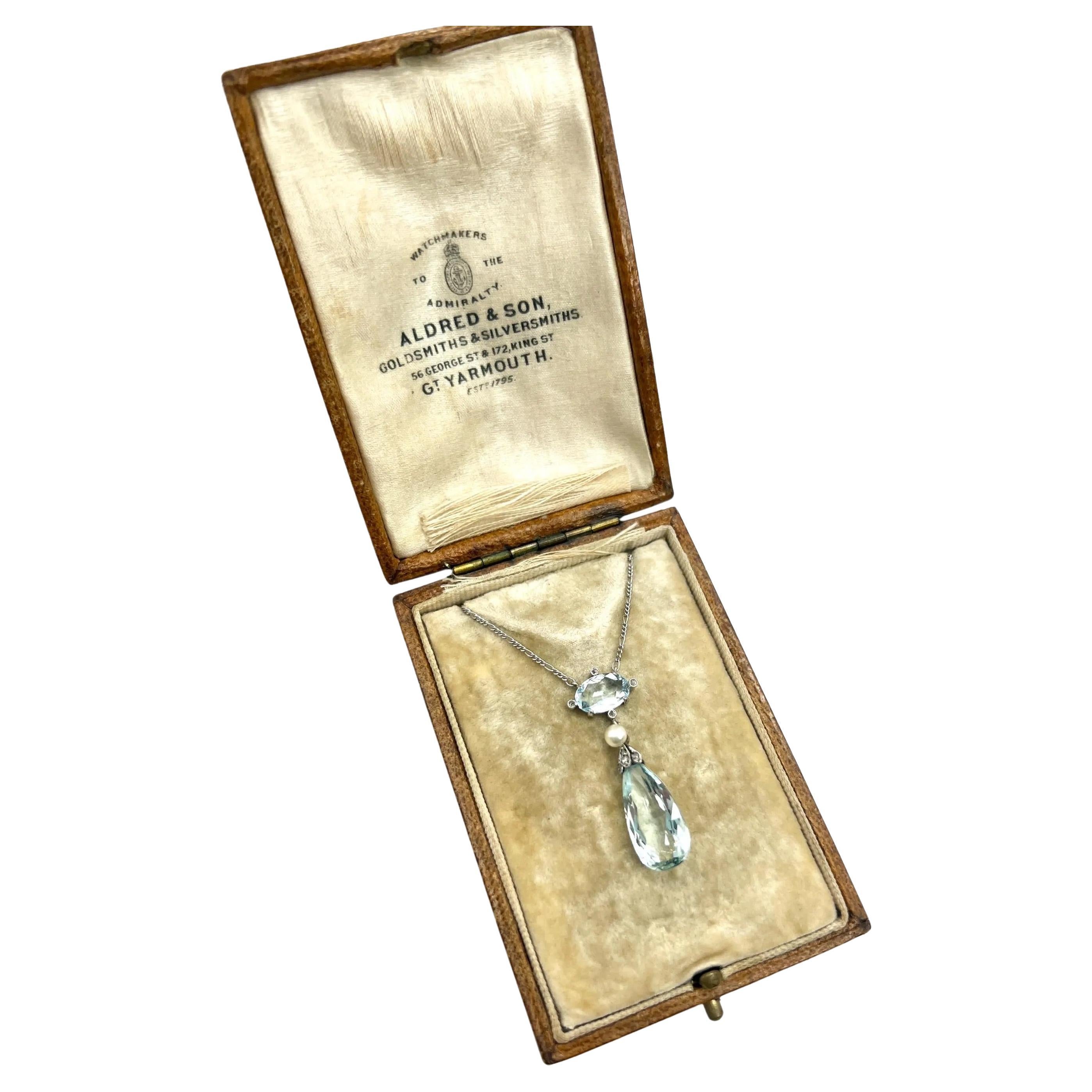 Antique Platinum Edwardian Aquamarine, Diamond & Pearl Teardrop Pendant Necklace