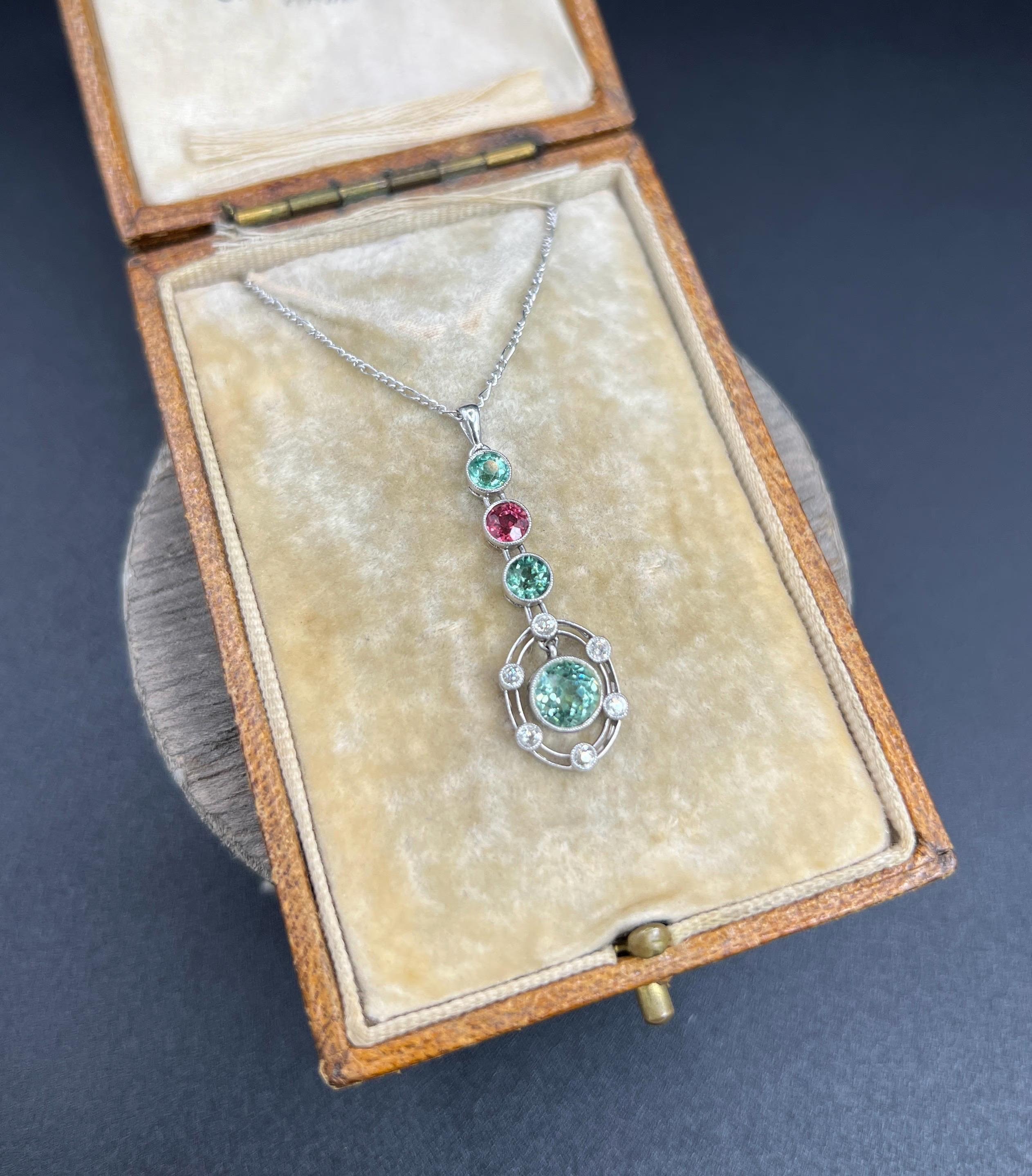 Pendentif Suffragette édouardien ancien en platine, diamant, tourmaline rose et verte Unisexe en vente