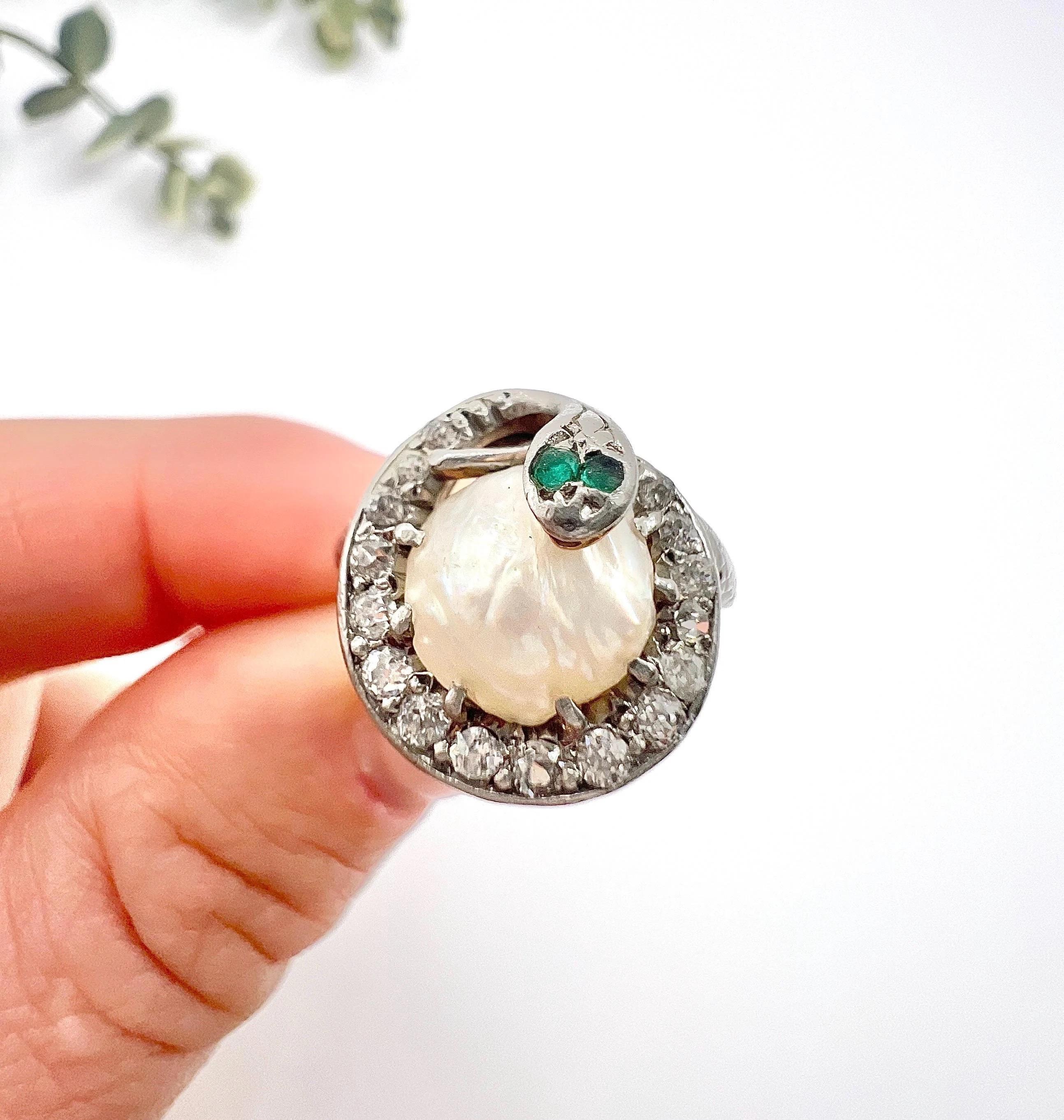 Antique Platinum, Edwardian era Pearl & Emerald Snake Ring For Sale 6
