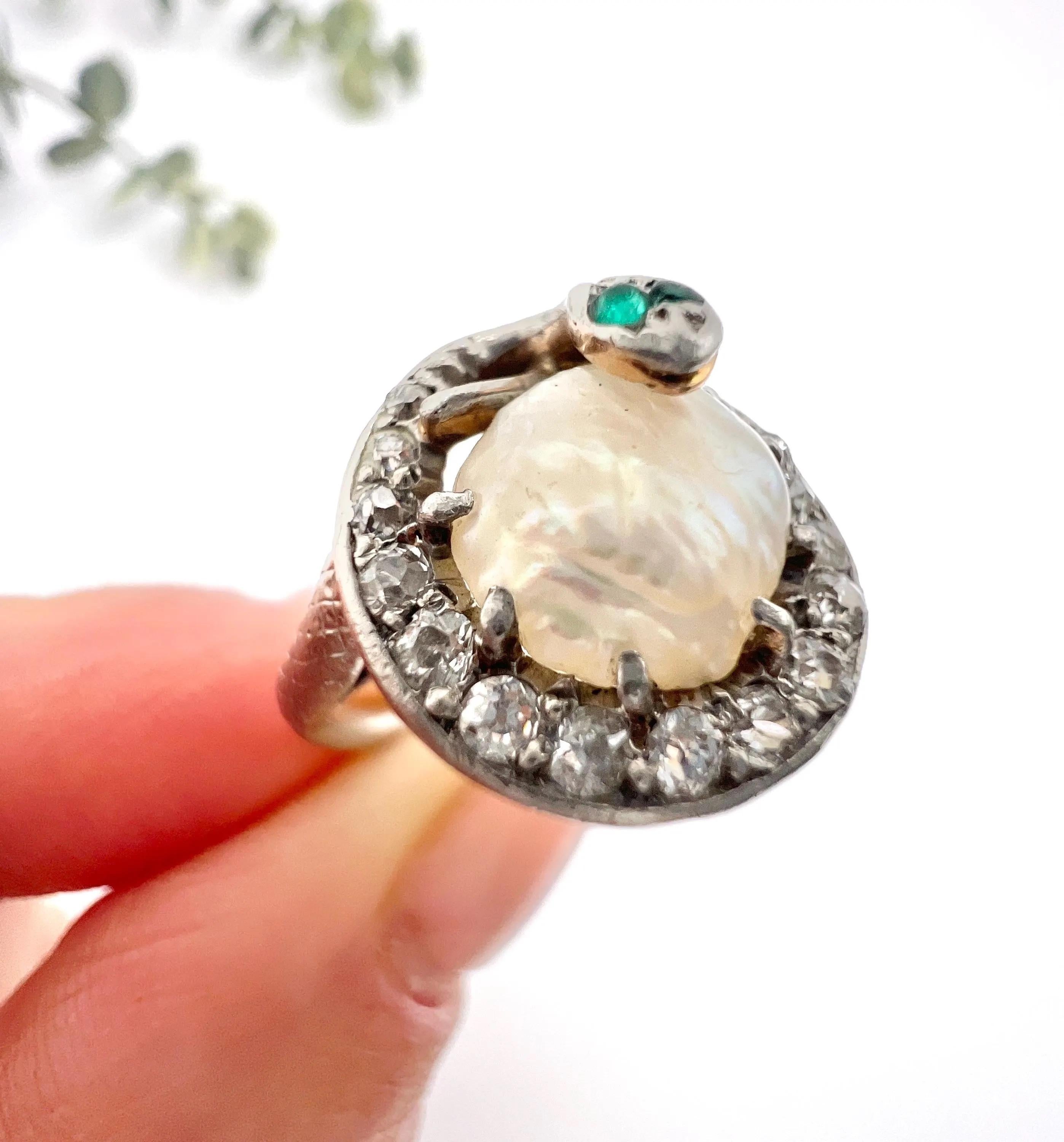 Antique Platinum, Edwardian era Pearl & Emerald Snake Ring For Sale 1