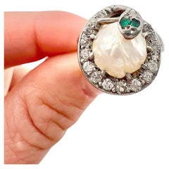 Antiker Schlangenring aus Platin, Edwardianische Ära Perle & Smaragd