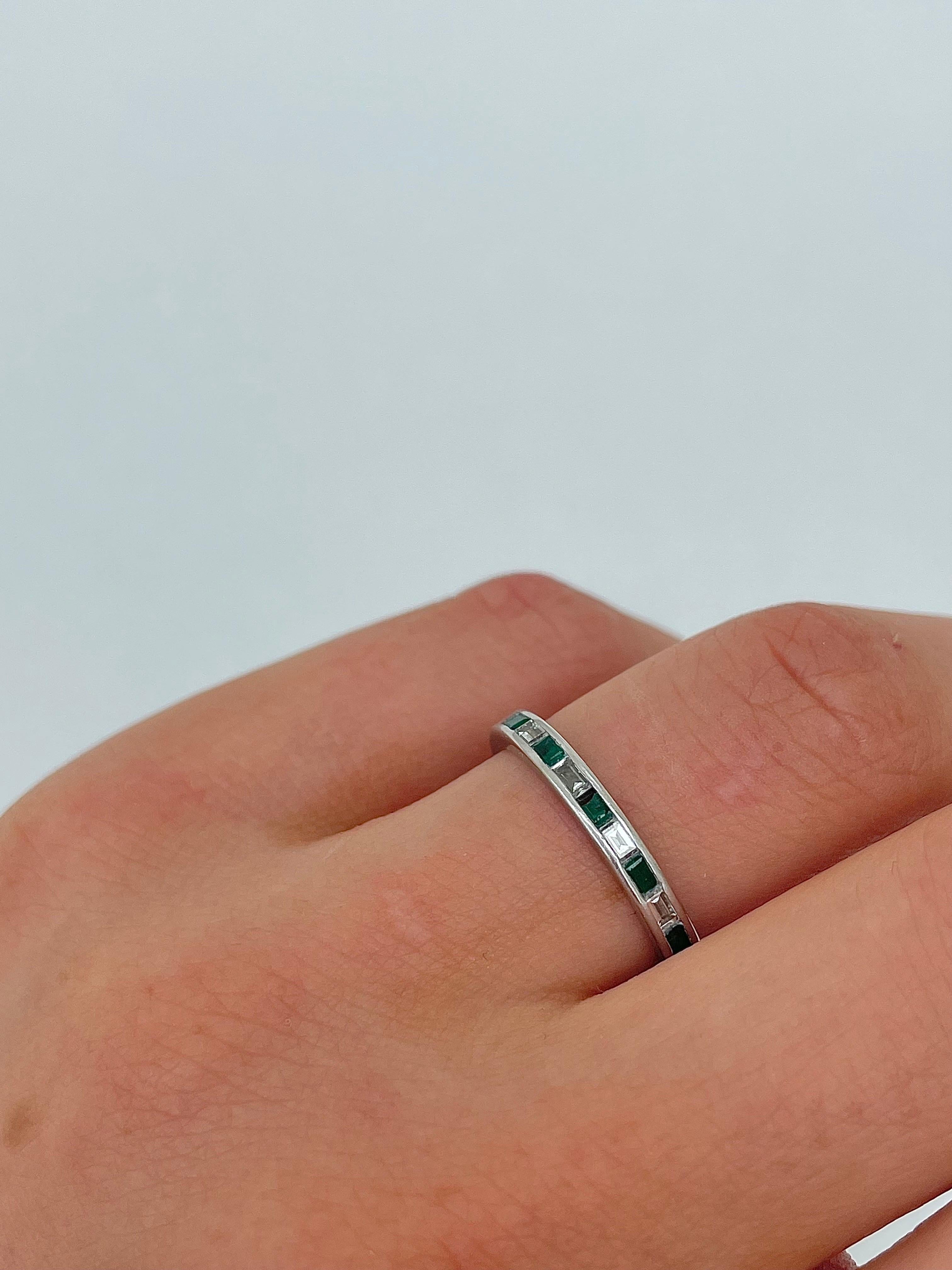 Women's or Men's Antique Platinum Emerald and Diamond Full Eternity Band Ring For Sale