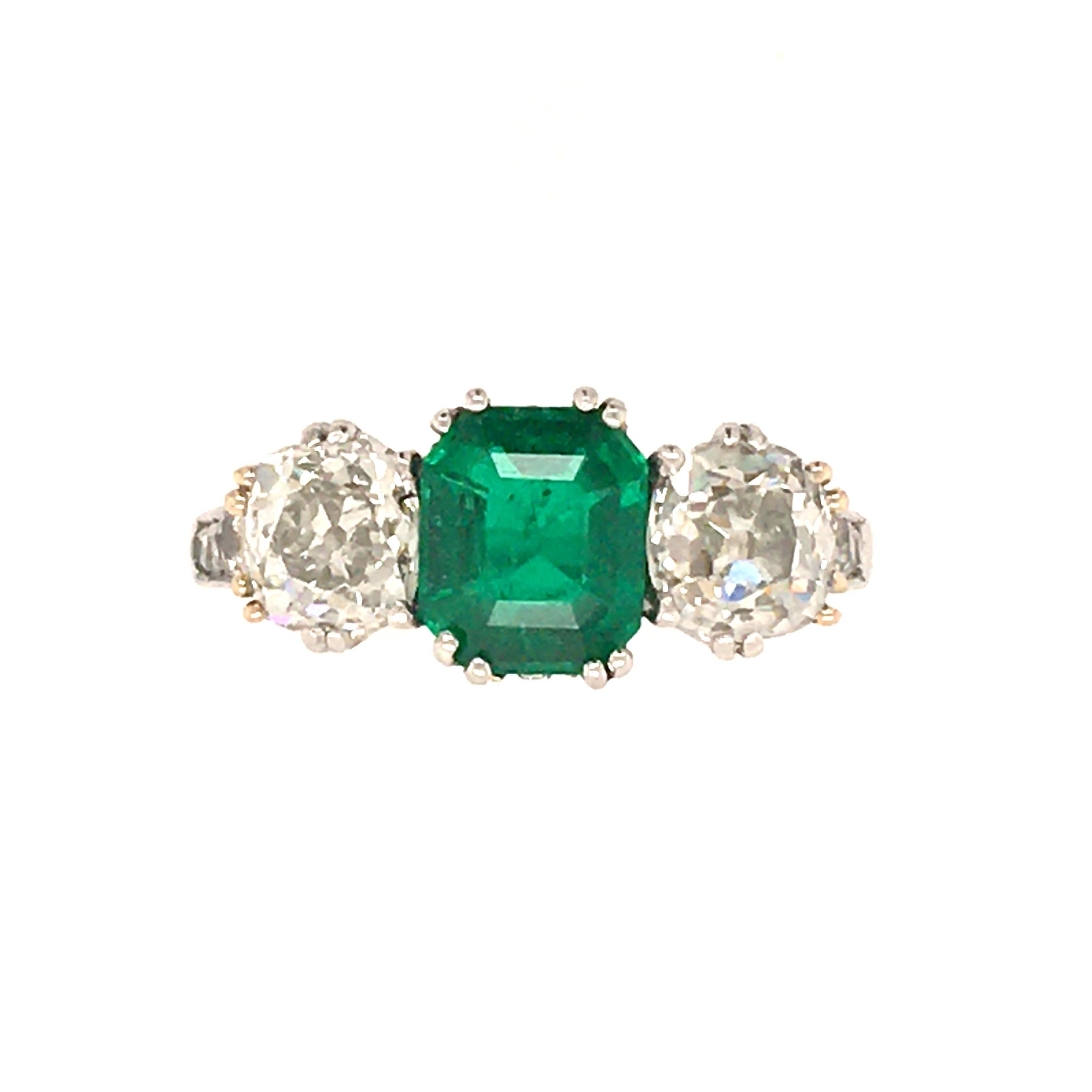 Emerald Cut Antique Platinum Emerald Diamond Ring For Sale