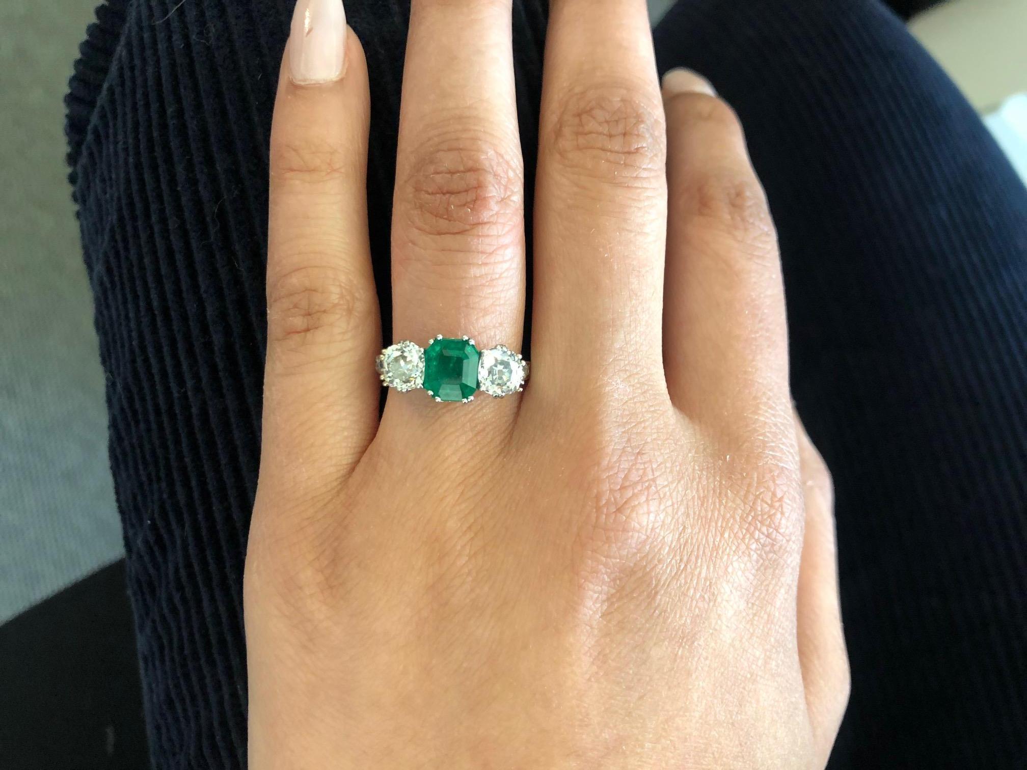 Women's or Men's Antique Platinum Emerald Diamond Ring For Sale