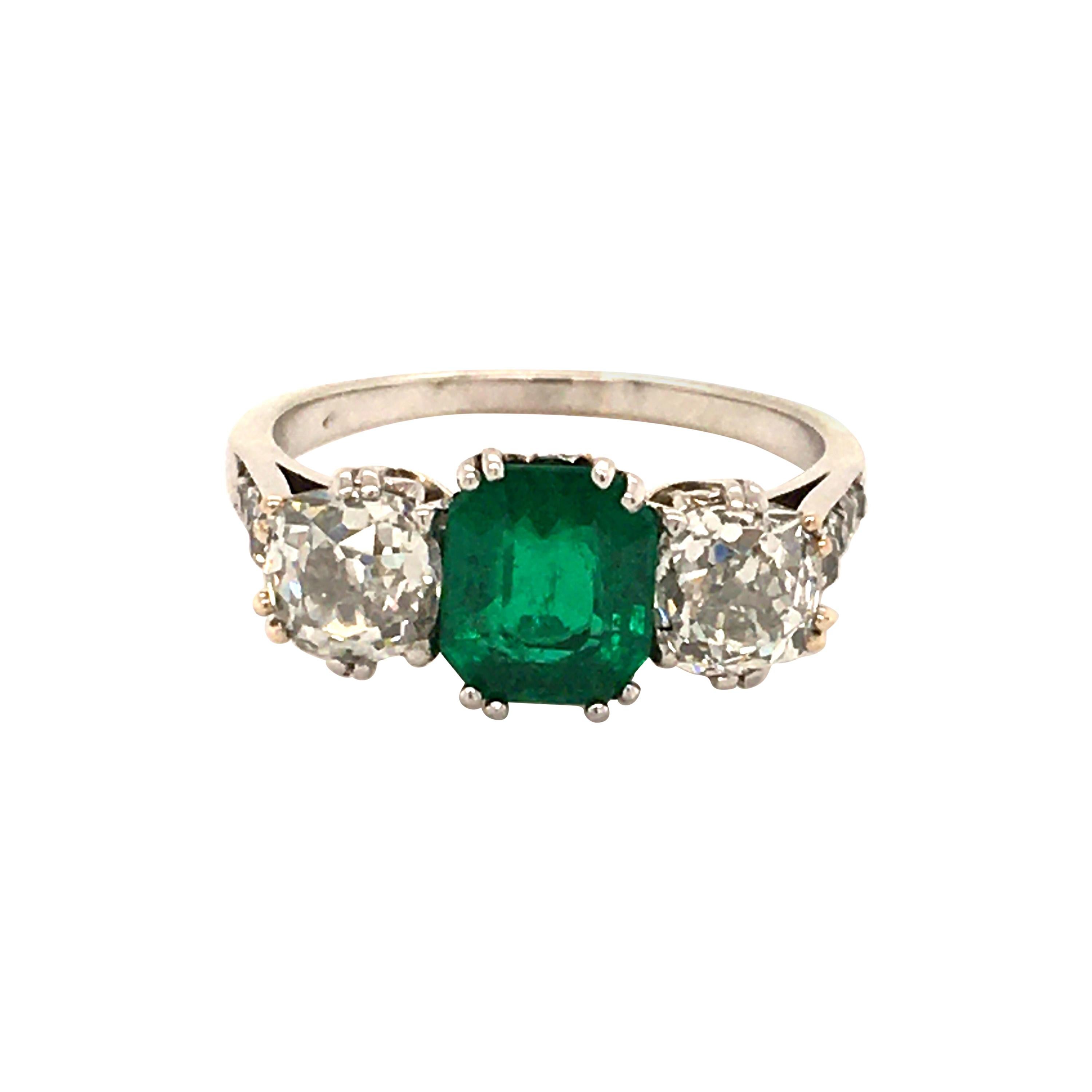 Antique Platinum Emerald Diamond Ring For Sale