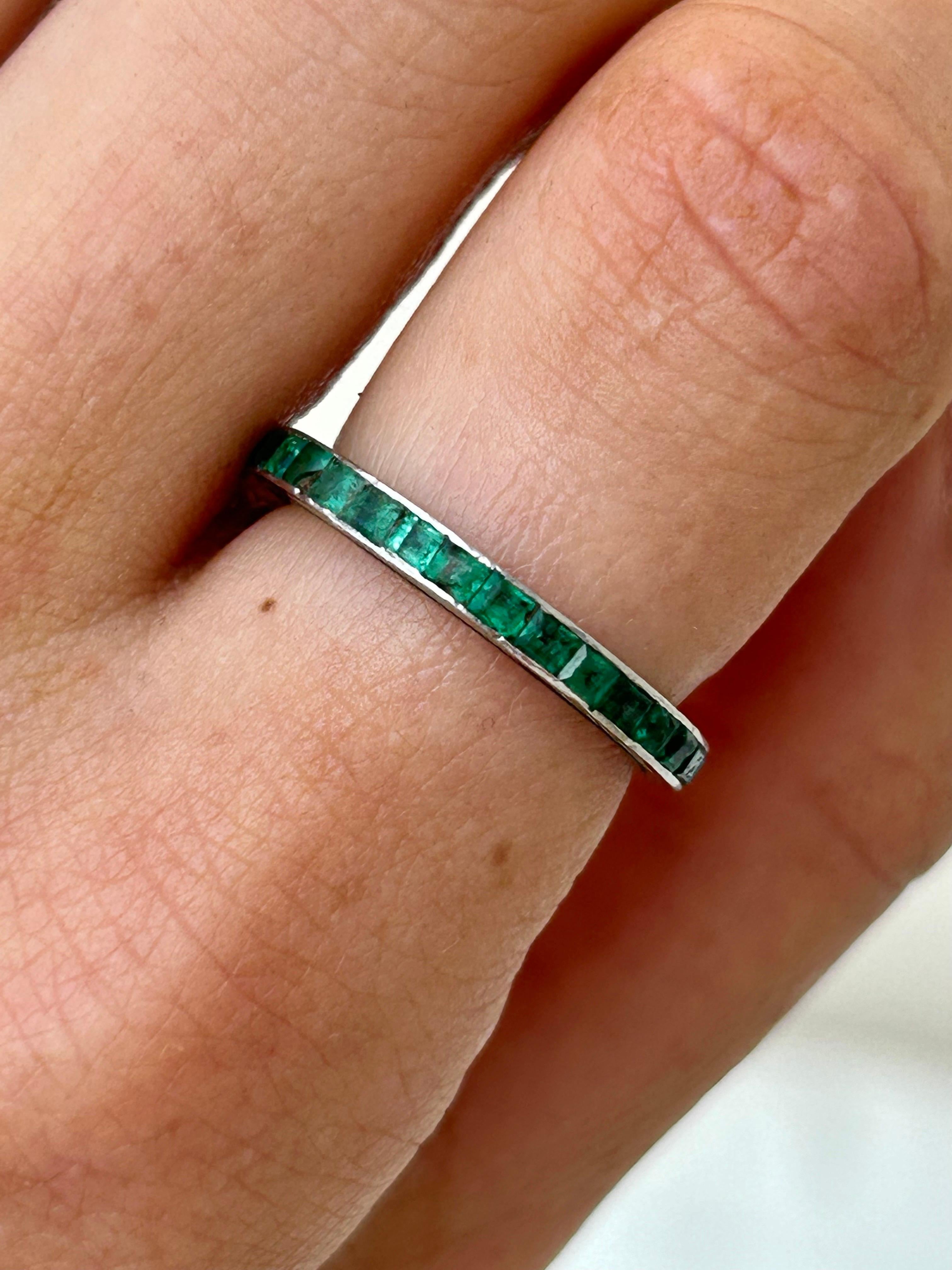 Artist Antique Platinum Engraved Emerald Full Eternity Band Ring  For Sale