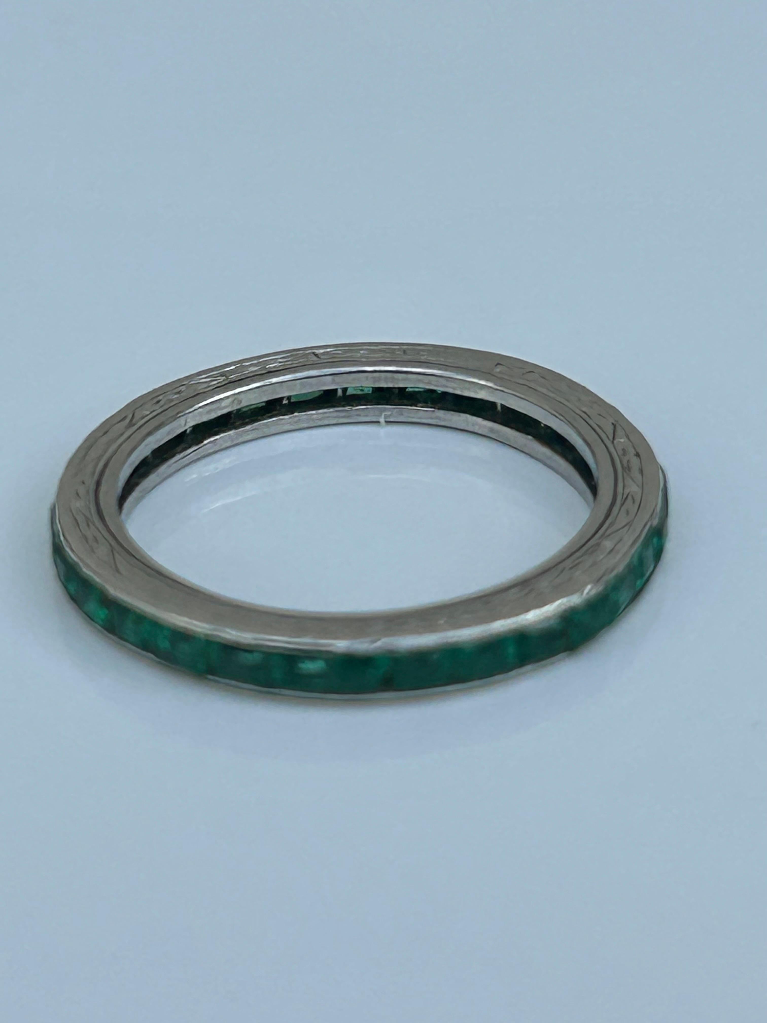 Square Cut Antique Platinum Engraved Emerald Full Eternity Band Ring  For Sale