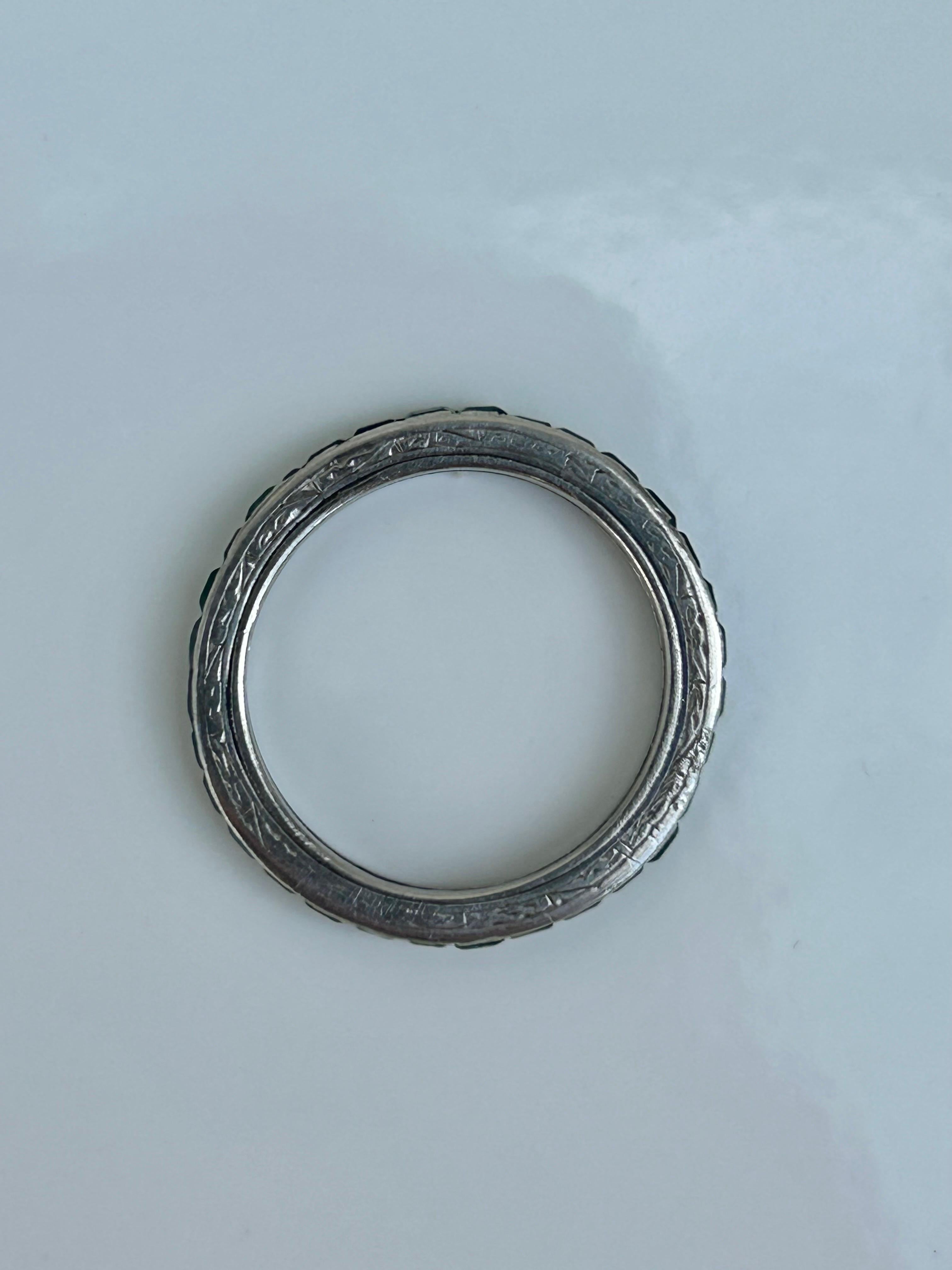 Square Cut Antique Platinum Engraved Emerald Full Eternity Band Ring 
