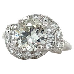 Antique Platinum European Cut Center W/ Baguette & Round Cut Diamonds Ring