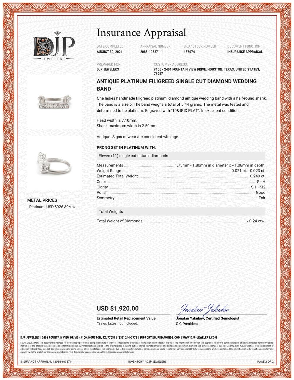 Antique Platinum Filigreed Single Cut Diamond Wedding Band For Sale 4