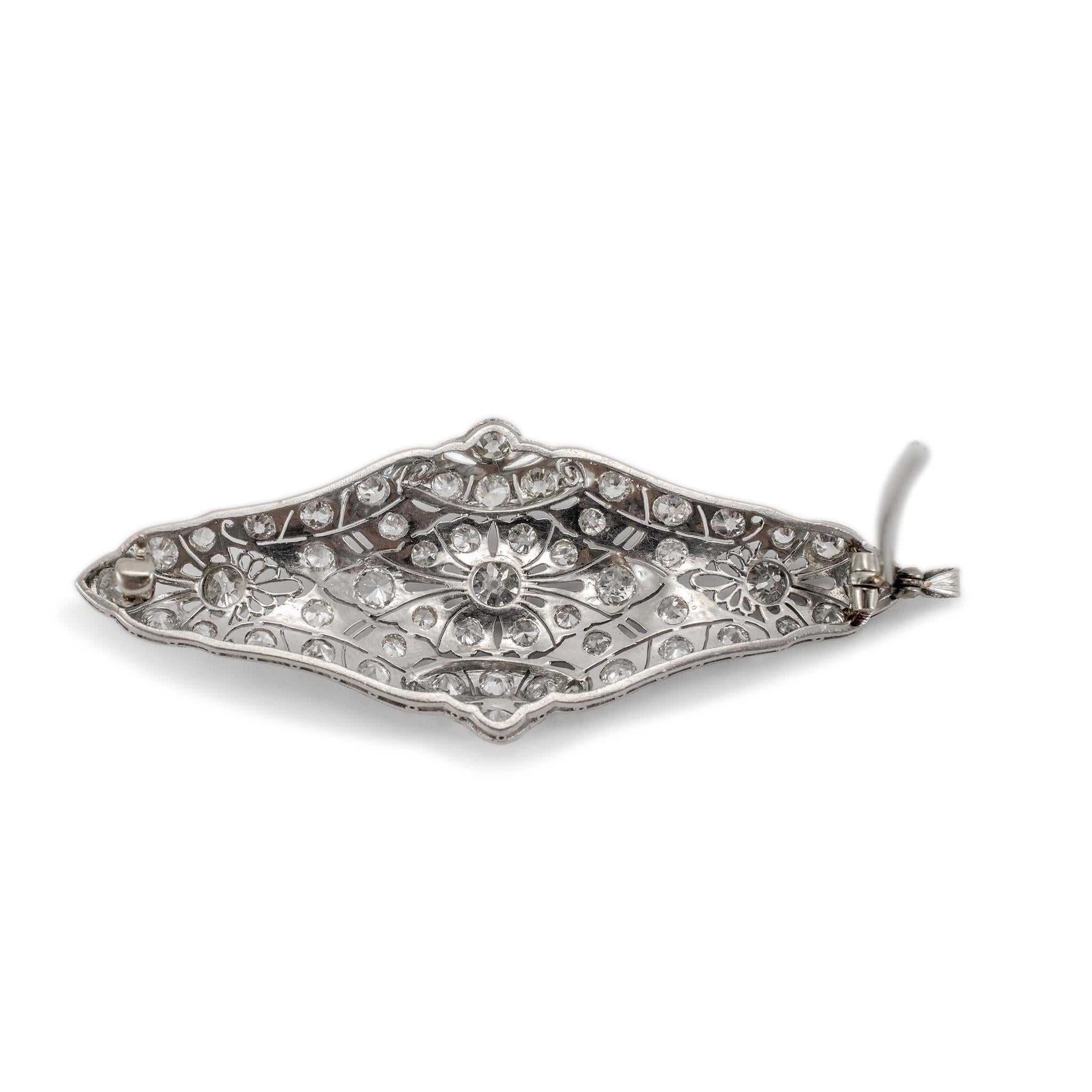 Antique Platinum Filitgreed Old European Cut Diamond Brooch Pendant In Excellent Condition For Sale In Houston, TX
