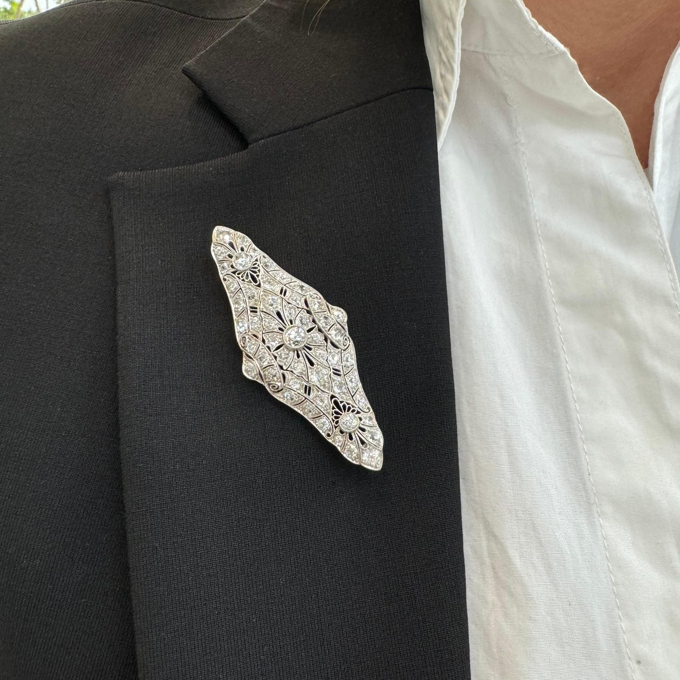 Antique Platinum Filitgreed Old European Cut Diamond Brooch Pendant For Sale 2