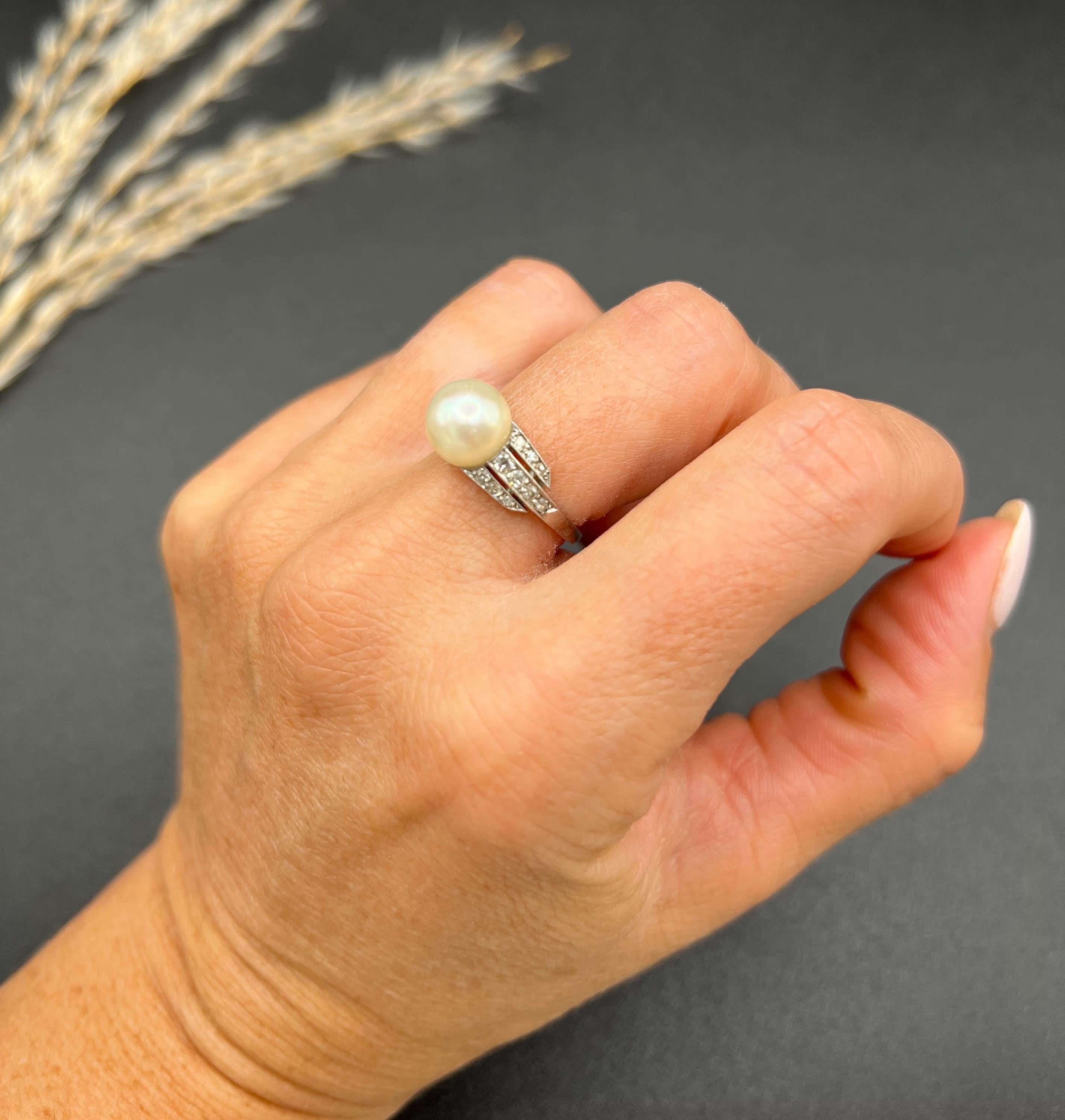 Antique French Platin gestempelt, Edwardian Zuchtperlen & Diamant Ring im Zustand „Gut“ im Angebot in Brighton, GB