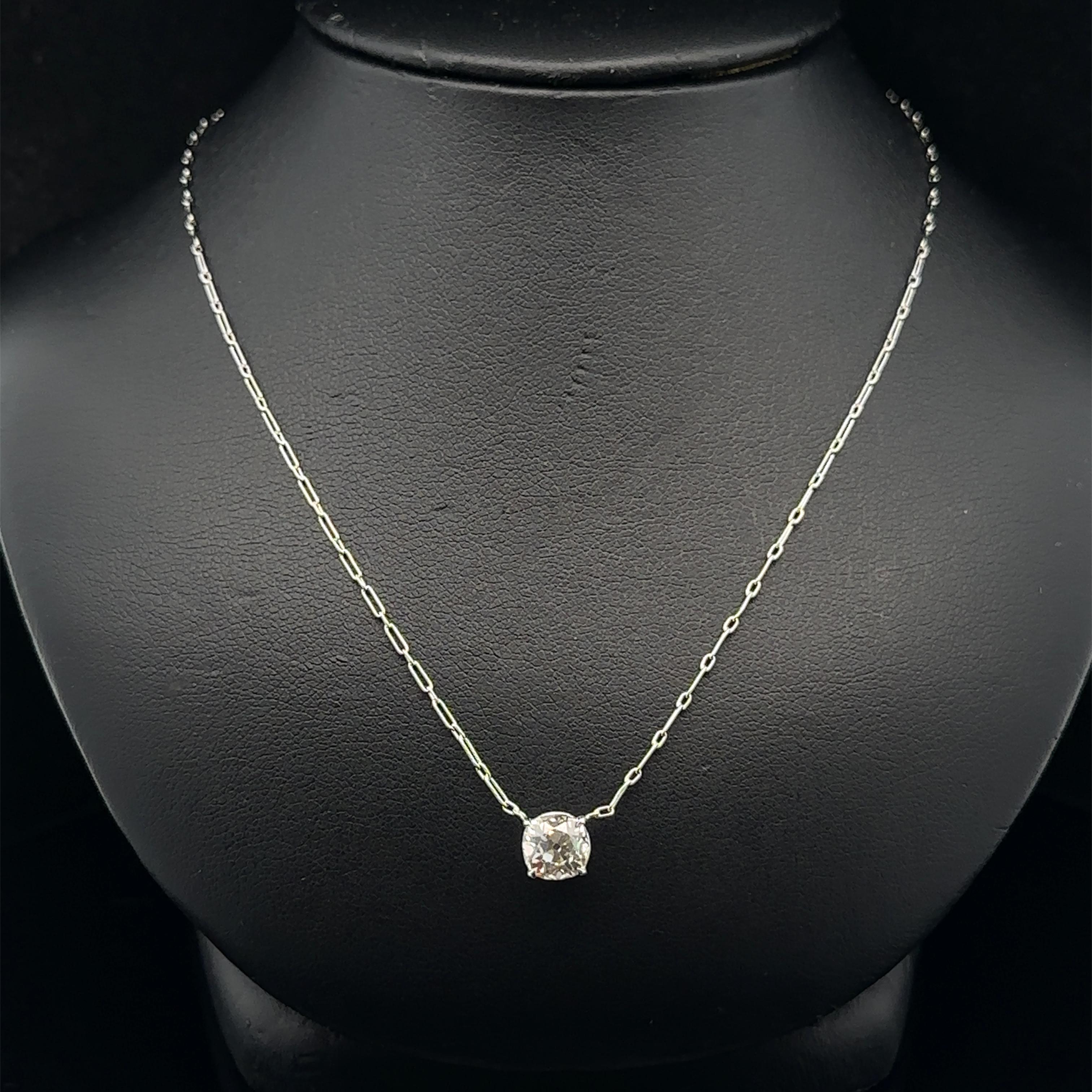 Antique Platinum GIA 1.20ct Old Mine Diamond Solitaire Pendant Handmade Necklace For Sale 2