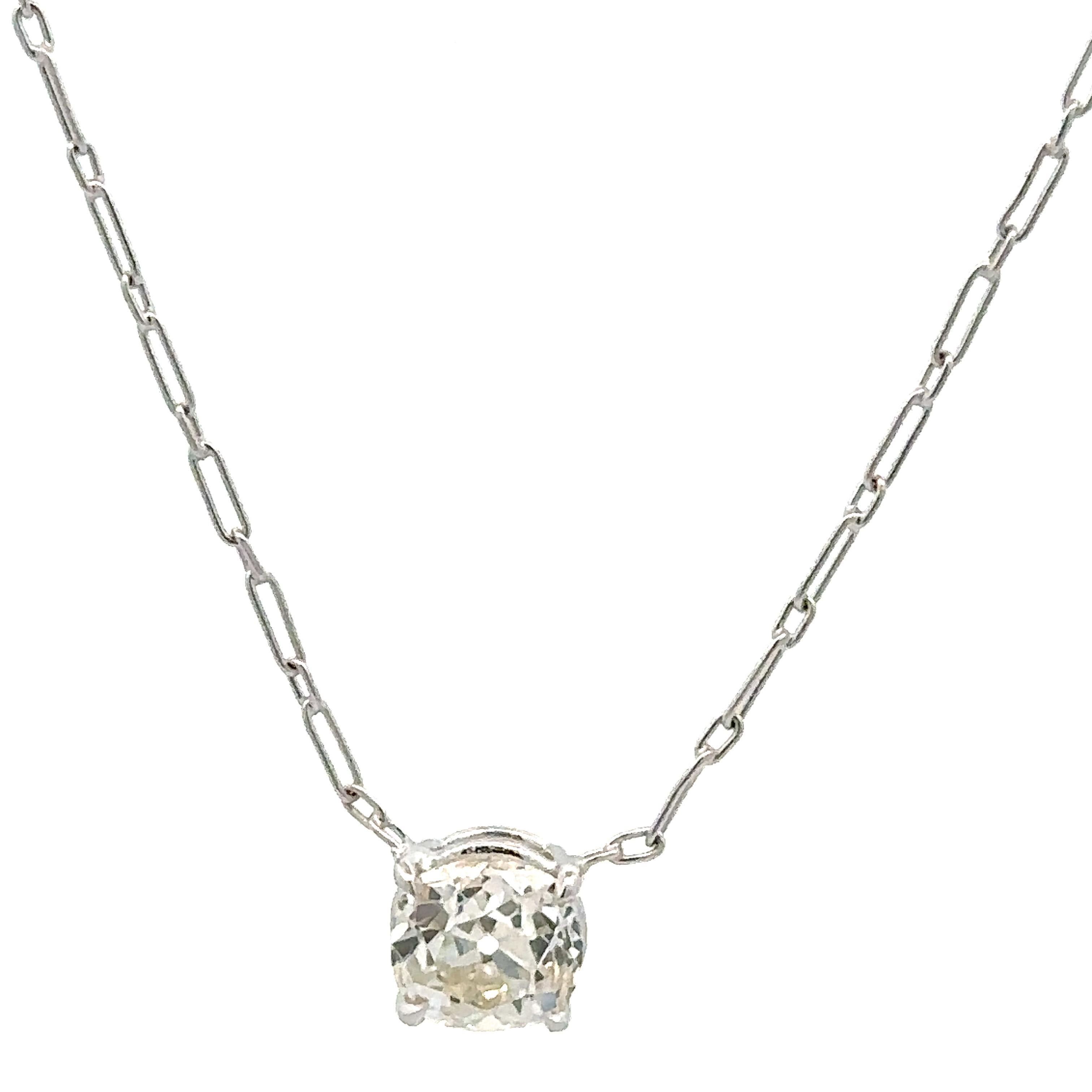 Antique Platinum GIA 1.20ct Old Mine Diamond Solitaire Pendant Handmade Necklace For Sale 4