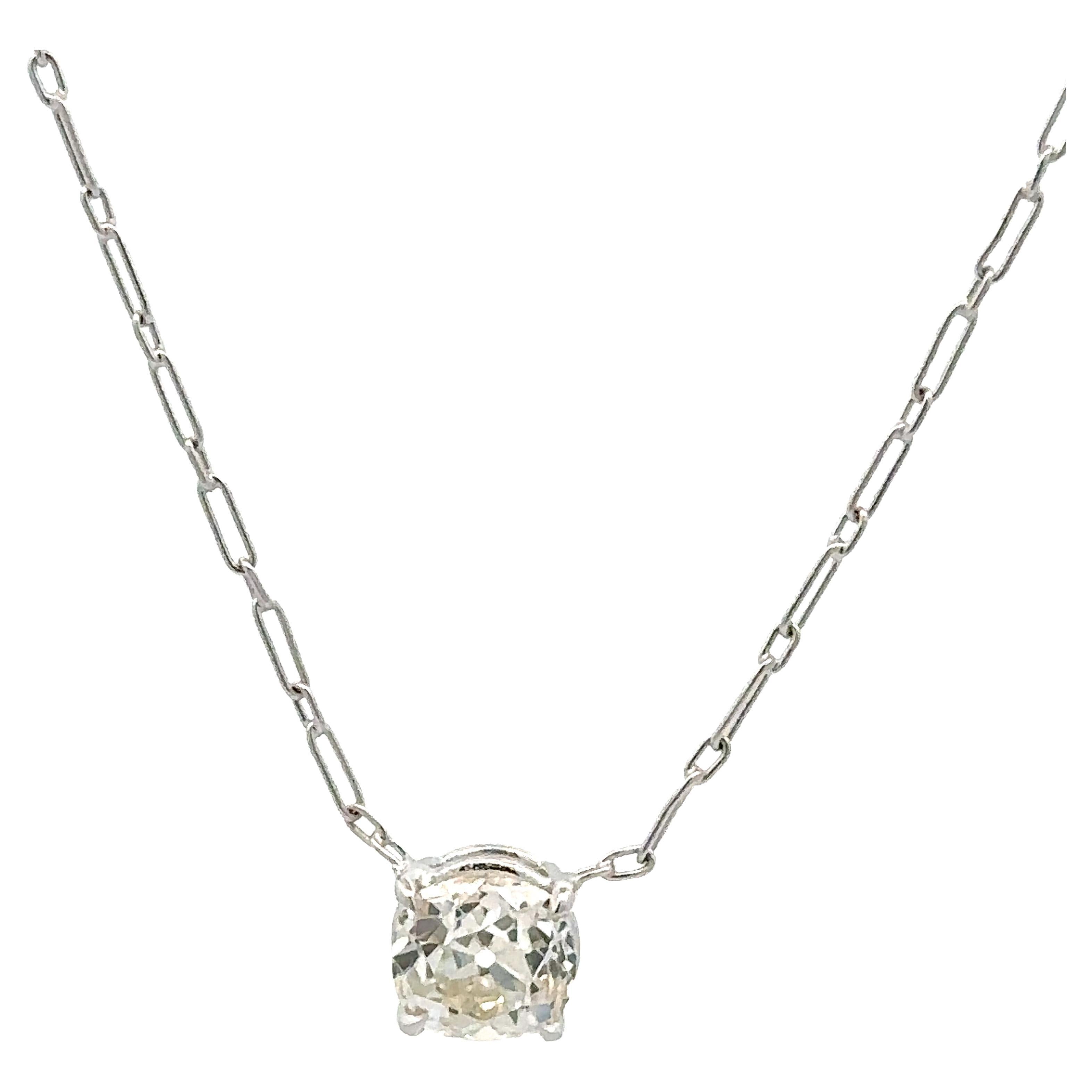 Antique Platinum GIA 1.20ct Old Mine Diamond Solitaire Pendant Handmade Necklace For Sale
