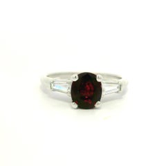 Antique Platinum GIA 1.34ctw No Heat Oval Deep Red Ruby Baguette Diamonds Ring