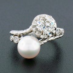 Antique Platinum GIA 1.36ct European Diamond Cultured Pearl Textured Bypass Ring
