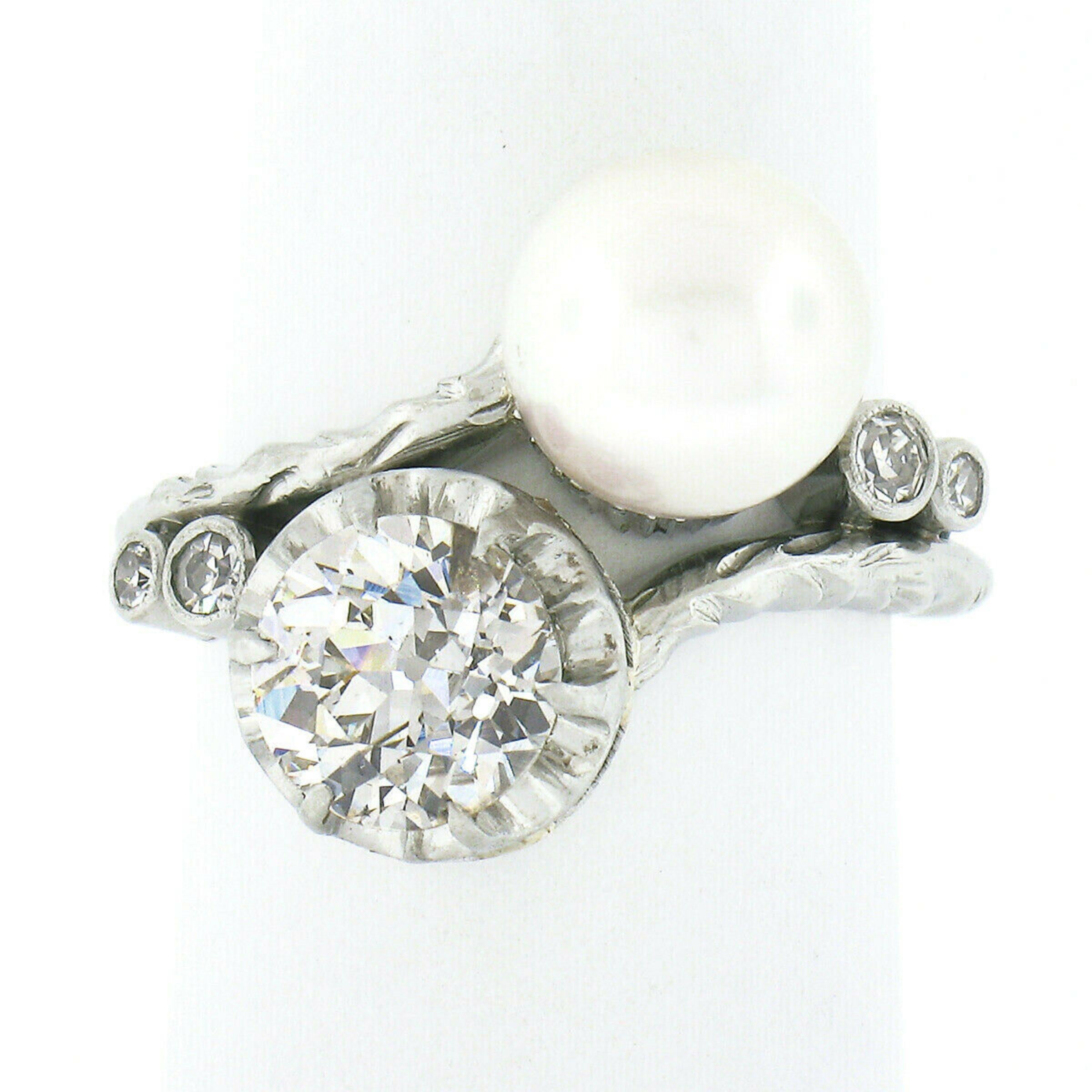 Anillo Bypass de Platino Antiguo GIA 1,36ct Diamante Europeo Perla Cultivada con Textura Corte europeo antiguo en venta