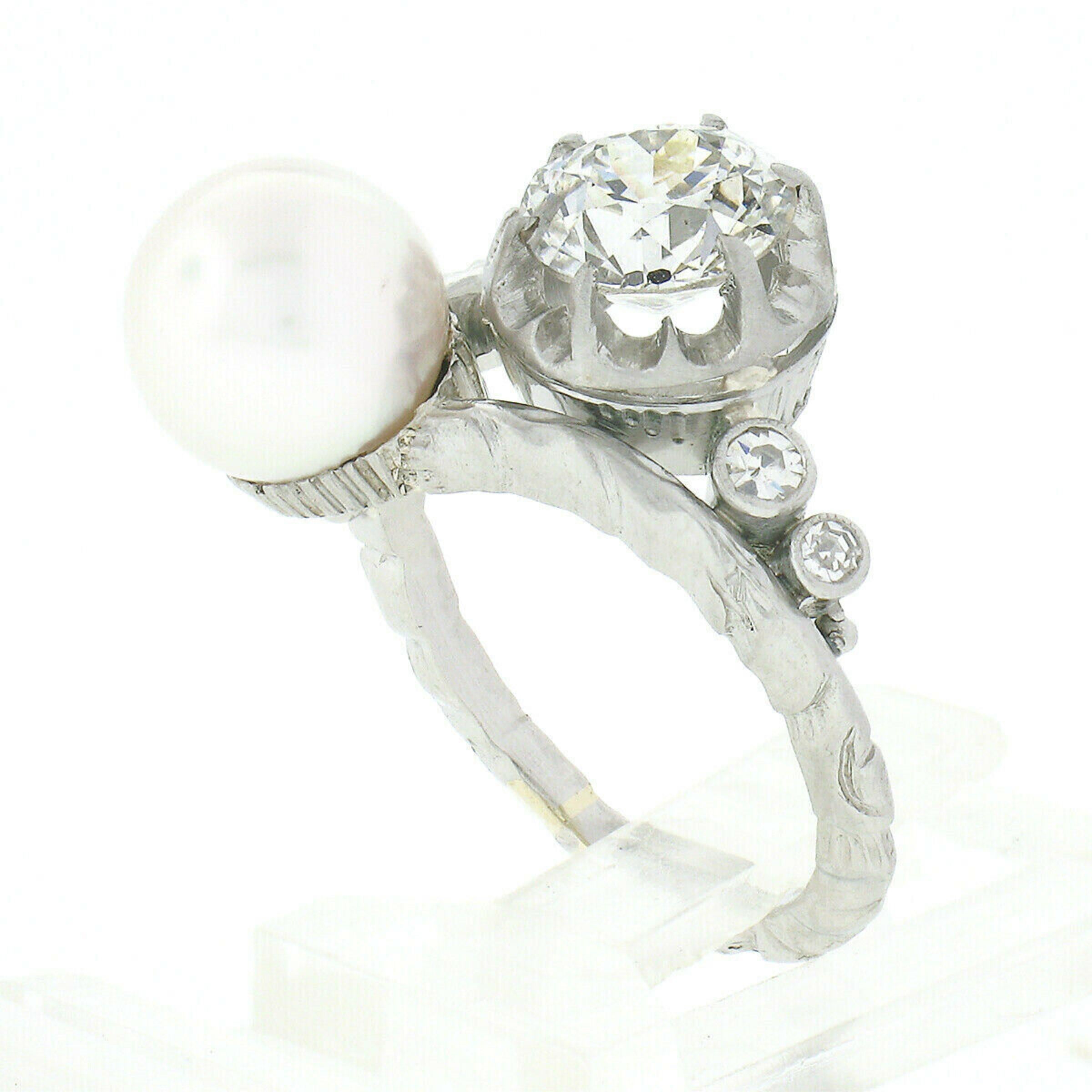 Antique Platinum GIA 1.36ct European Diamond Cultured Pearl Textured Bypass Ring In Good Condition For Sale In Montclair, NJ