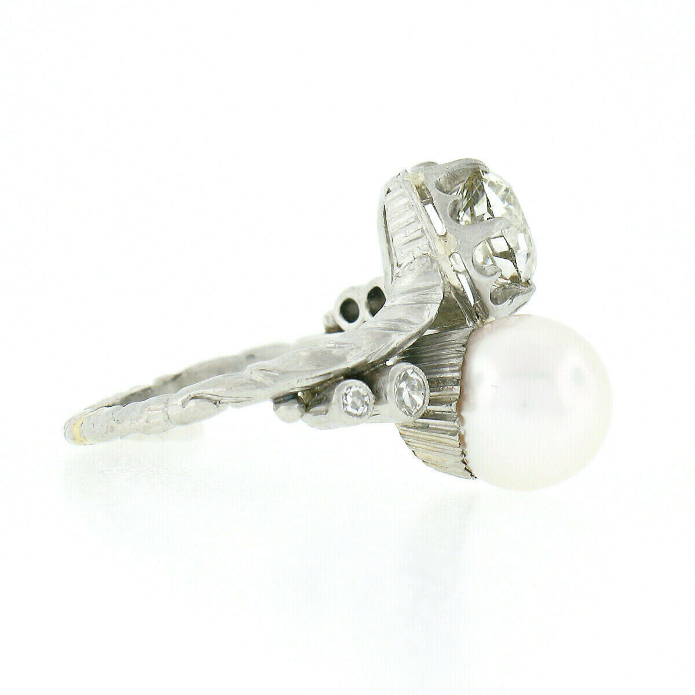 Anillo Bypass de Platino Antiguo GIA 1,36ct Diamante Europeo Perla Cultivada con Textura en venta 2
