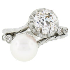 Antique Platinum GIA 1.36ct European Diamond Cultured Pearl Textured Bypass Ring