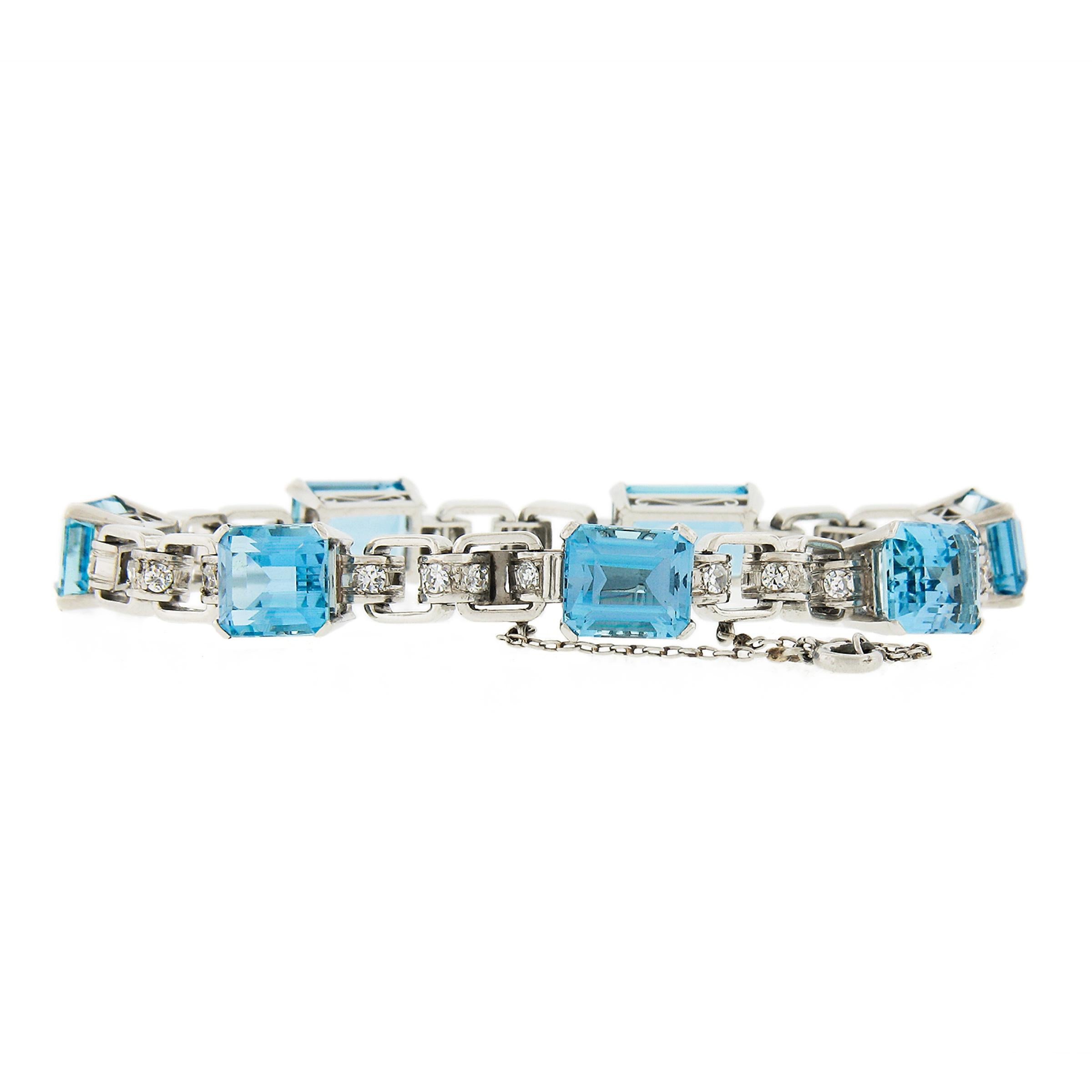 Emerald Cut Antique Platinum GIA 22.80ctw Santa Maria Aquamarine & Diamonds Line Bracelet For Sale