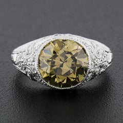 Antique Platinum GIA 2.64ctw Old European Fancy Color Diamond Engraved Ring