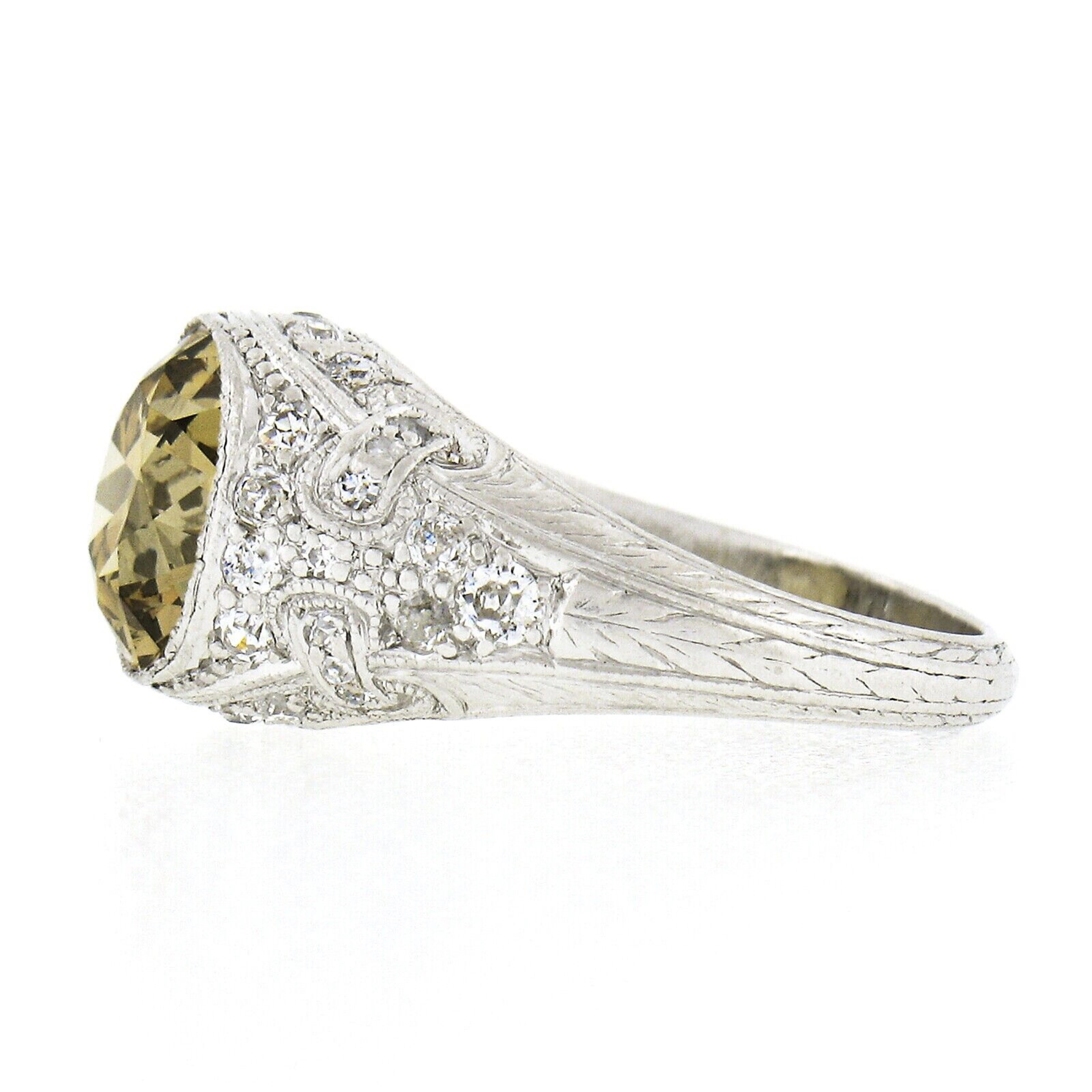 Women's Antique Platinum GIA 2.64ctw Old European Fancy Color Diamond Engraved Ring For Sale