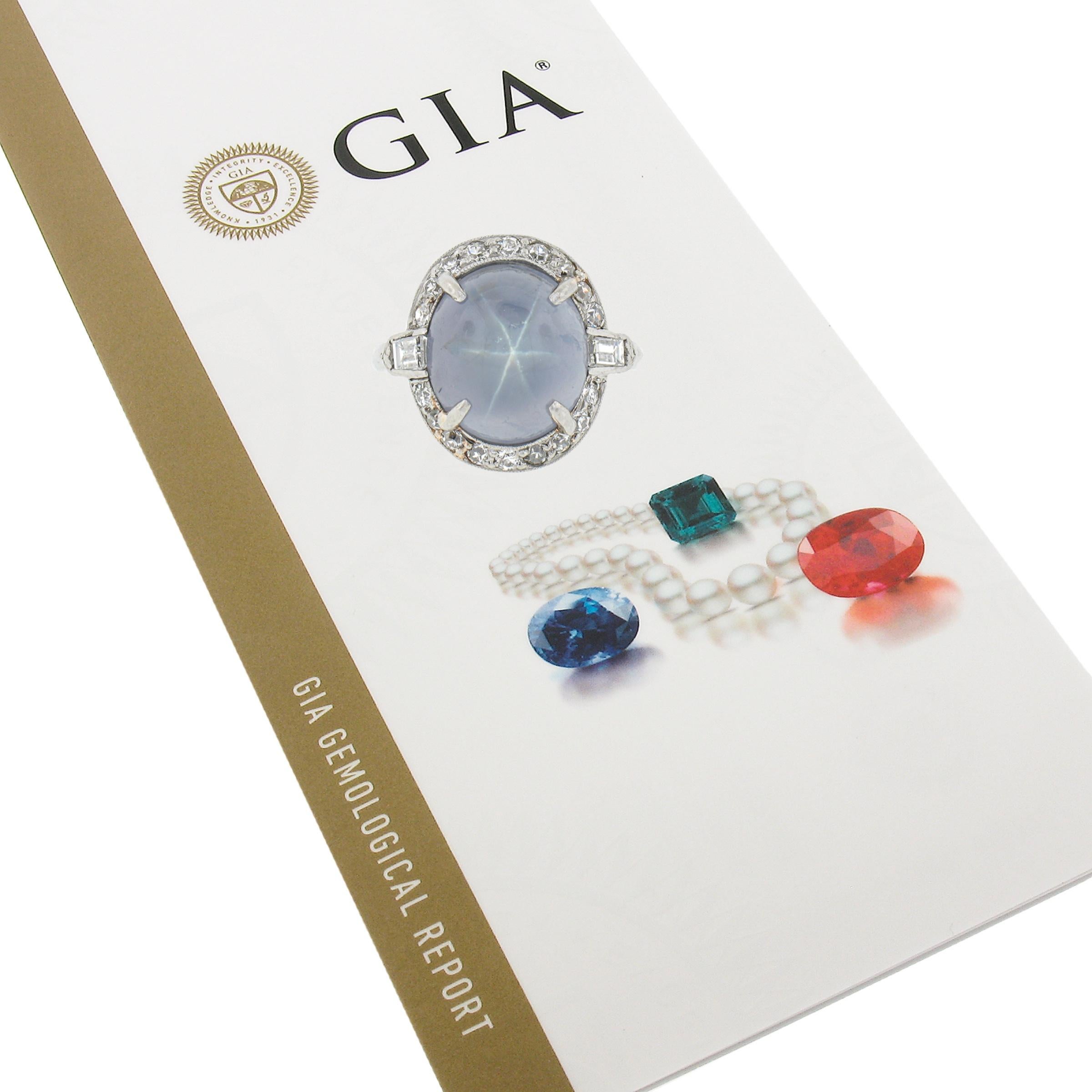 Antique Platinum GIA Ceylon NO HEAT Cabochon Blue Star Sapphire & Diamond Ring For Sale 1