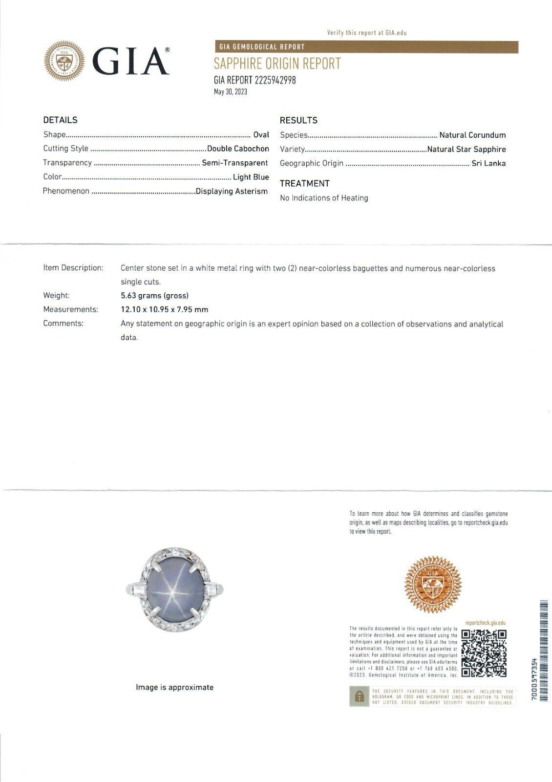 Antique Platinum GIA Ceylon NO HEAT Cabochon Blue Star Sapphire & Diamond Ring For Sale 2