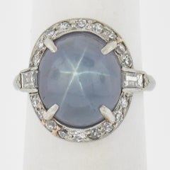 Antique Platinum GIA Ceylon NO HEAT Cabochon Blue Star Sapphire & Diamond Ring