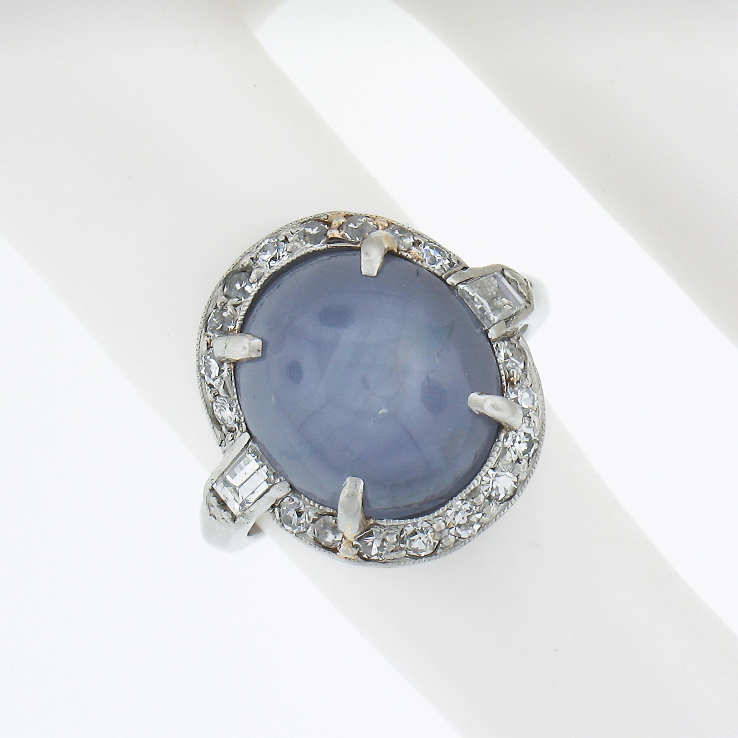 Taille ovale Bague ancienne en platine avec saphir bleu étoilé cabochon de Ceylan certifié GIA et diamants en vente