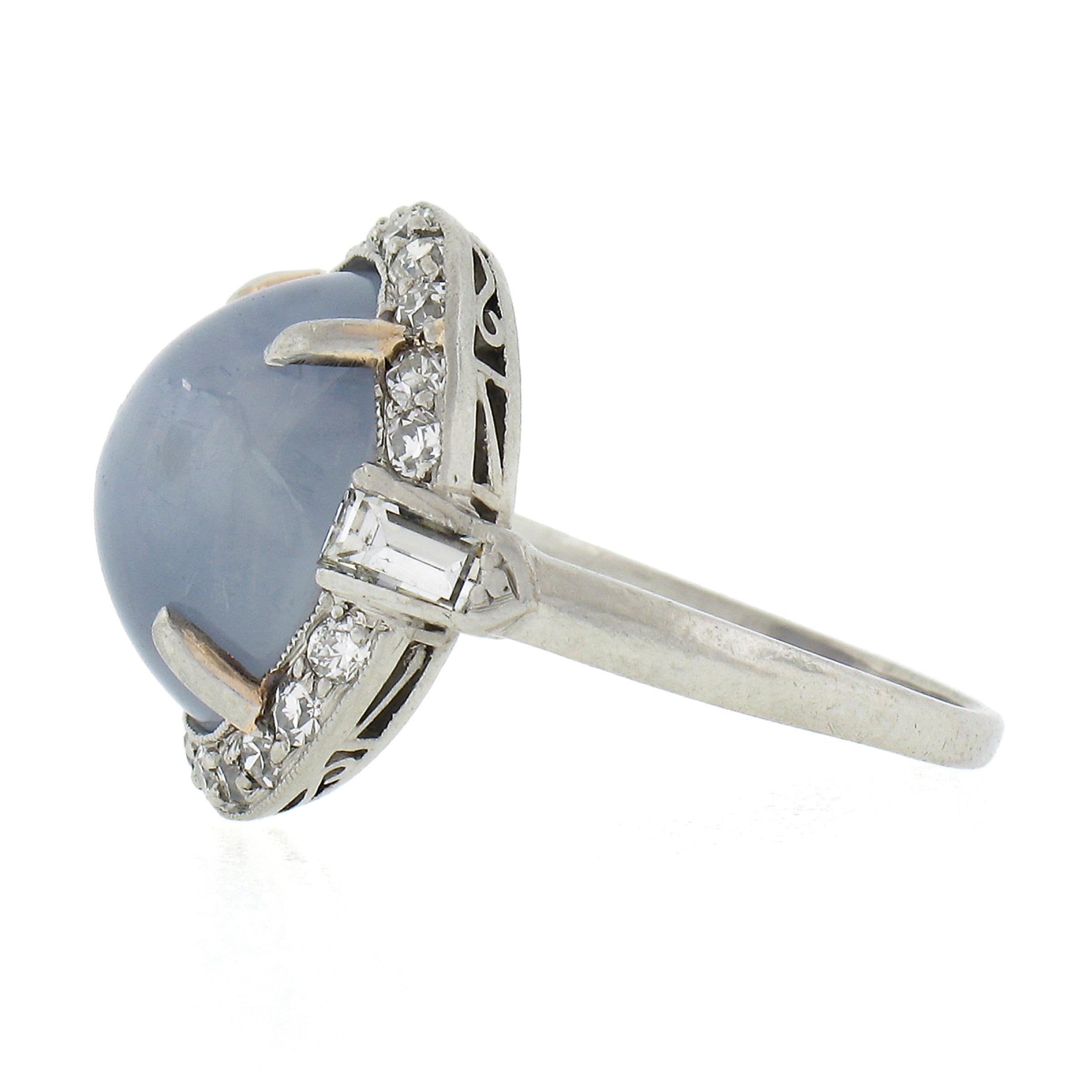 Art Deco Antique Platinum GIA Ceylon NO HEAT Cabochon Blue Star Sapphire & Diamond Ring For Sale