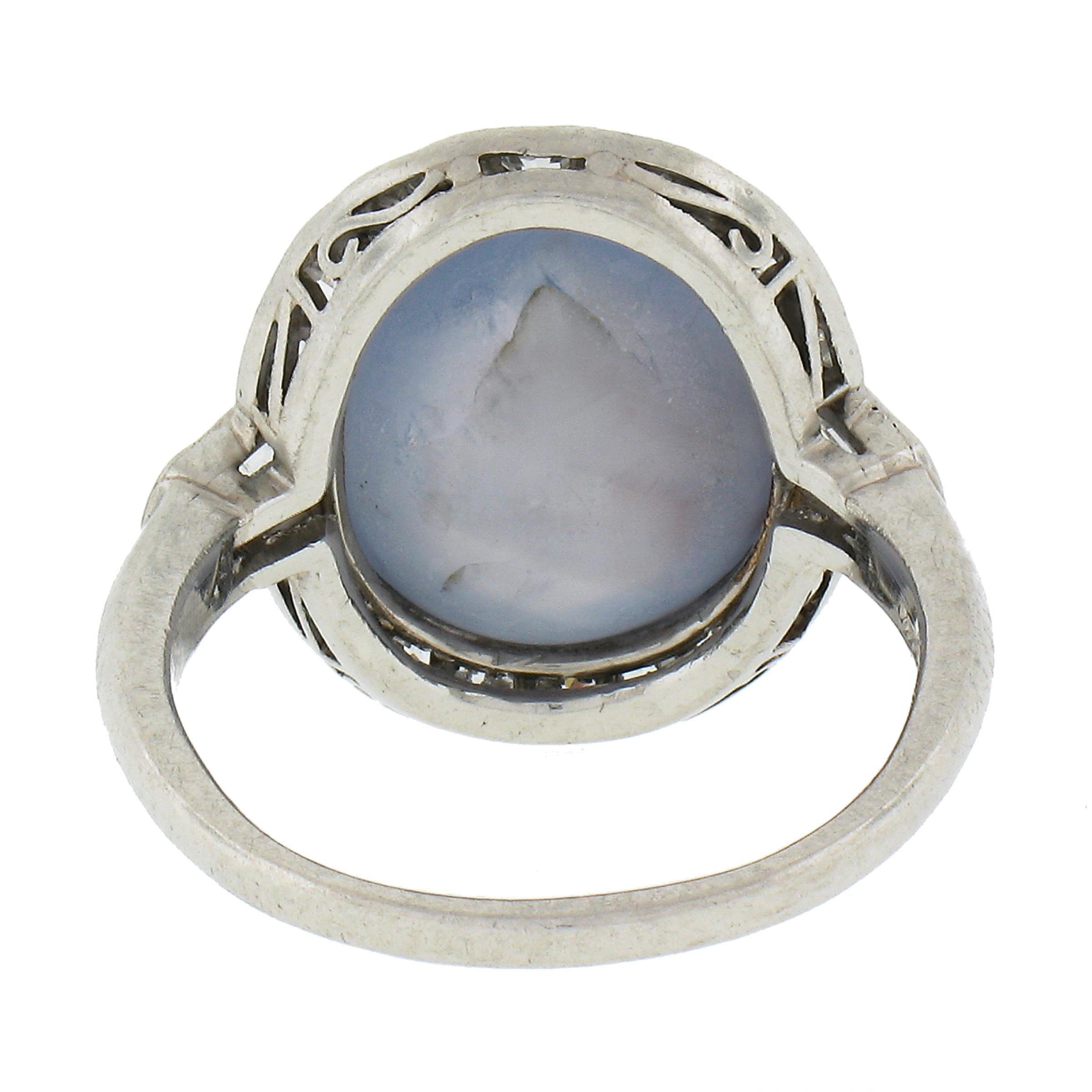 Oval Cut Antique Platinum GIA Ceylon NO HEAT Cabochon Blue Star Sapphire & Diamond Ring For Sale