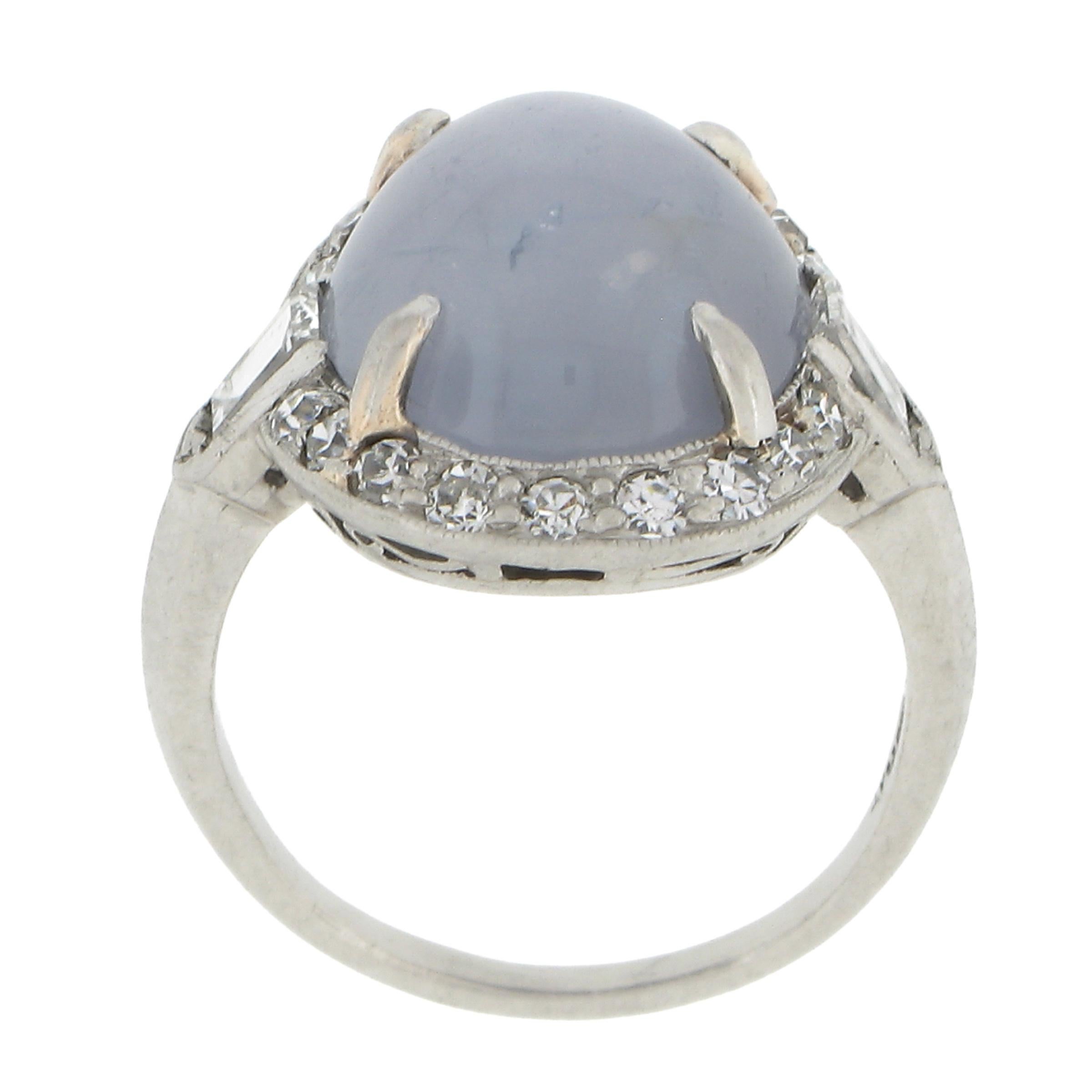 Antique Platinum GIA Ceylon NO HEAT Cabochon Blue Star Sapphire & Diamond Ring In Excellent Condition For Sale In Montclair, NJ