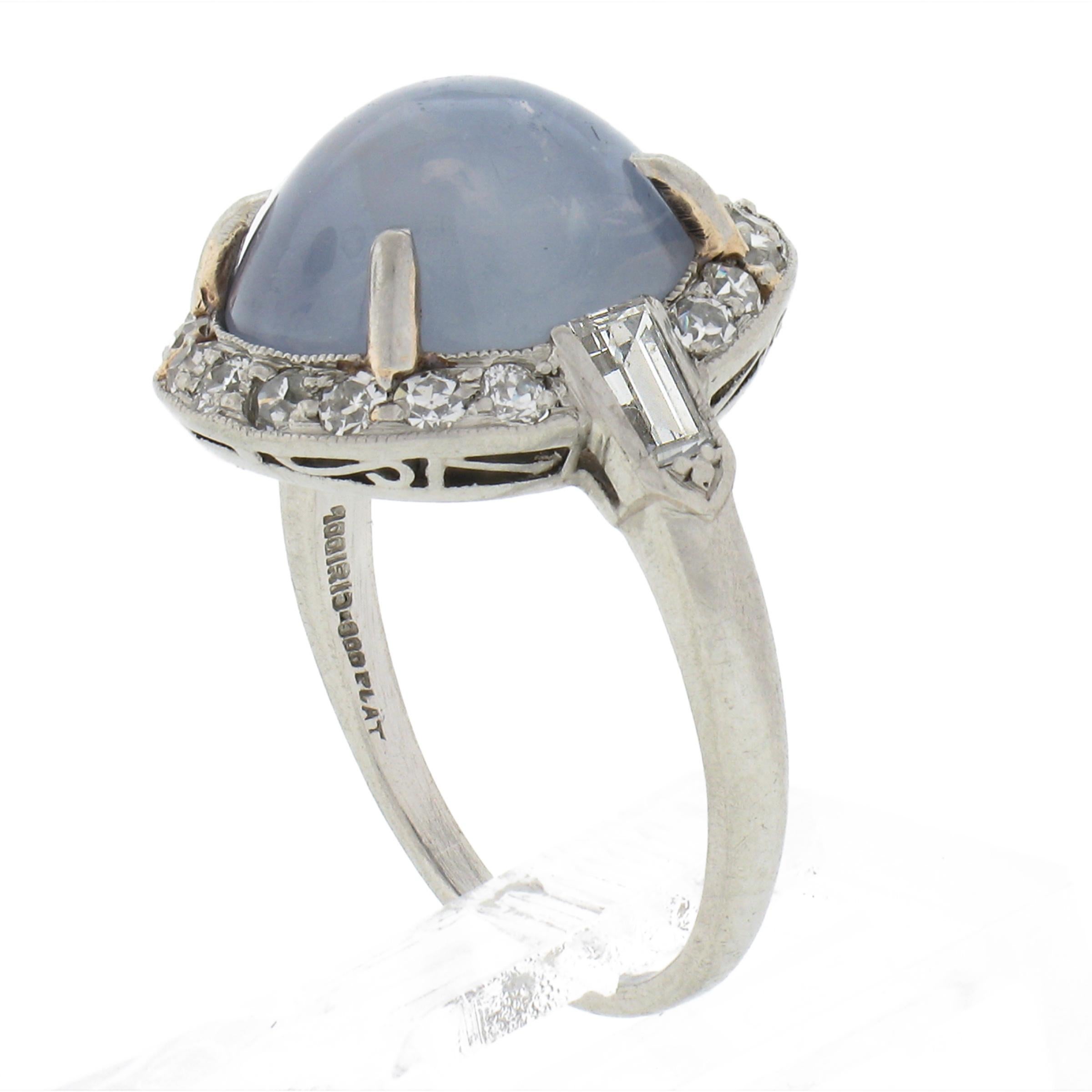Women's Antique Platinum GIA Ceylon NO HEAT Cabochon Blue Star Sapphire & Diamond Ring For Sale