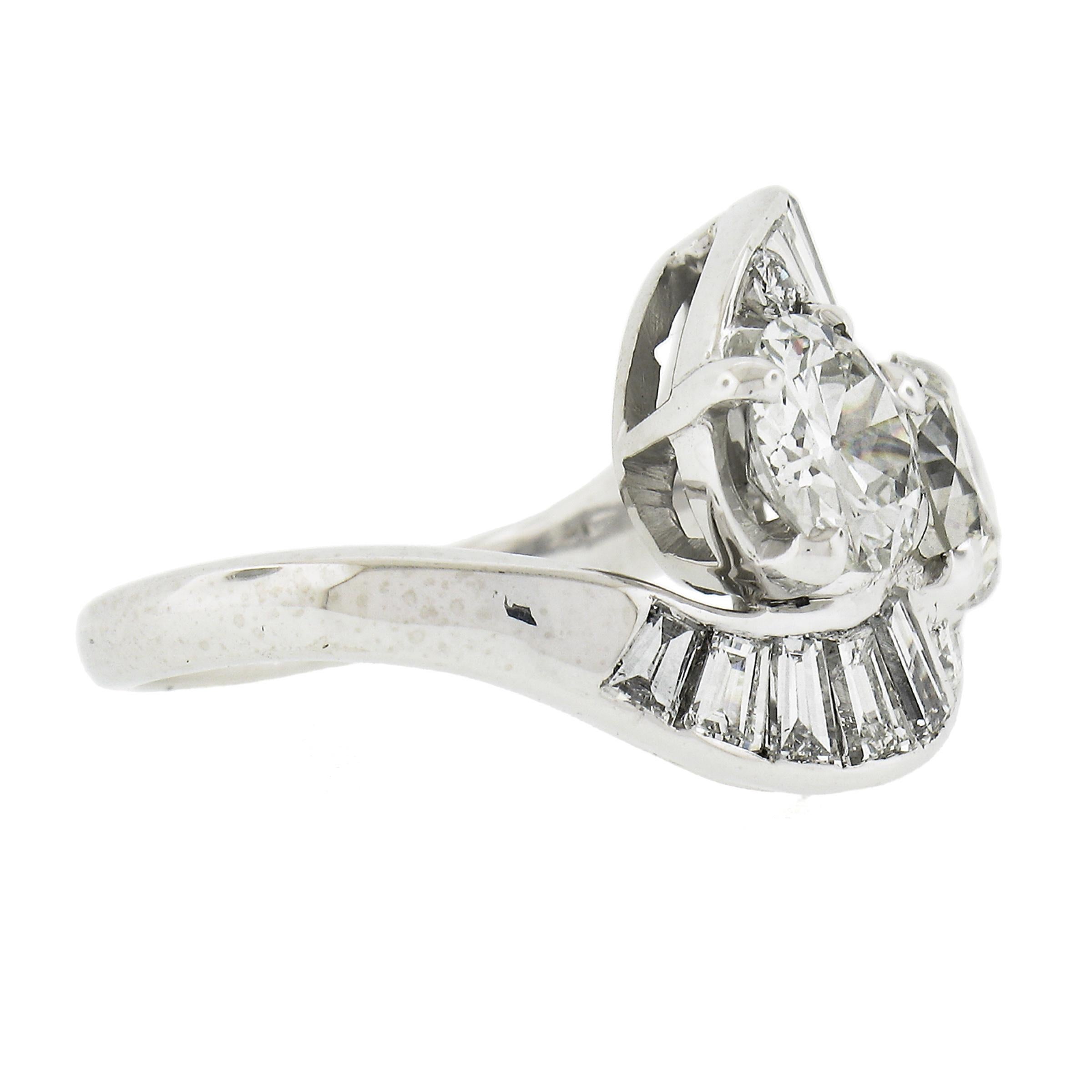 Women's Antique Platinum GIA Old & Baguette Cut Diamond Moi et Toi Bypass Cocktail Ring For Sale