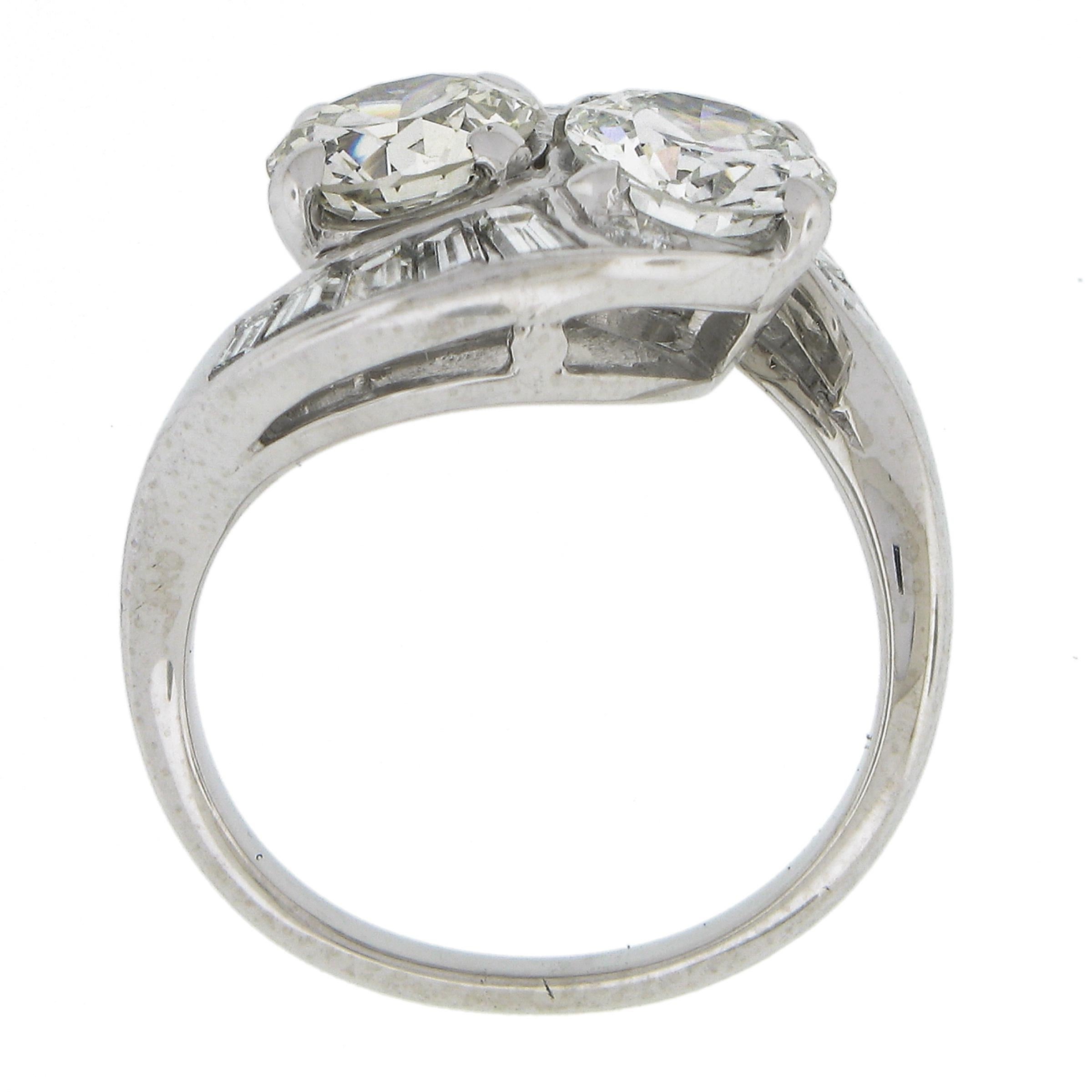 Antique Platinum GIA Old & Baguette Cut Diamond Moi et Toi Bypass Cocktail Ring 3
