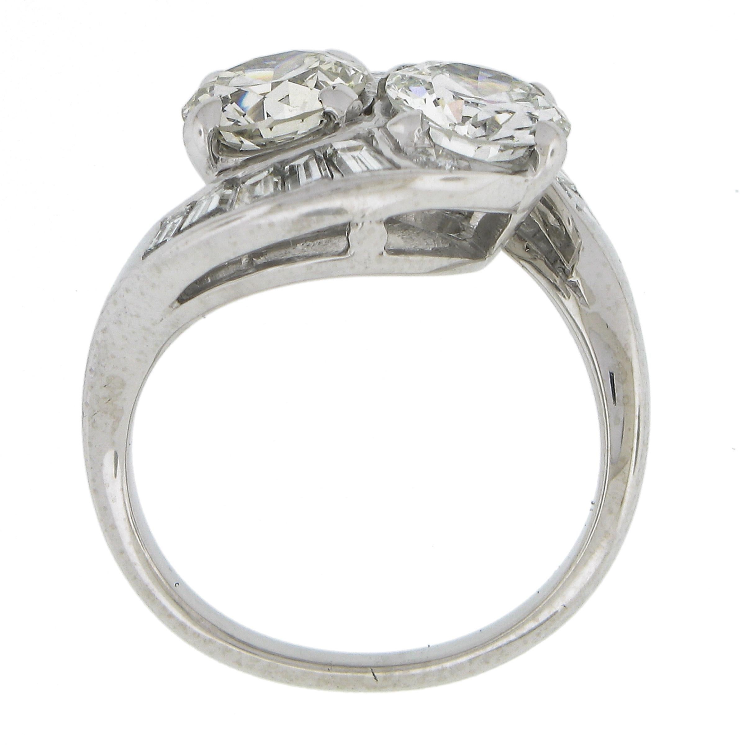 Antique Platinum GIA Old & Baguette Cut Diamond Moi et Toi Bypass Cocktail Ring For Sale 3