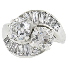 Vintage Platinum GIA Old & Baguette Cut Diamond Moi et Toi Bypass Cocktail Ring